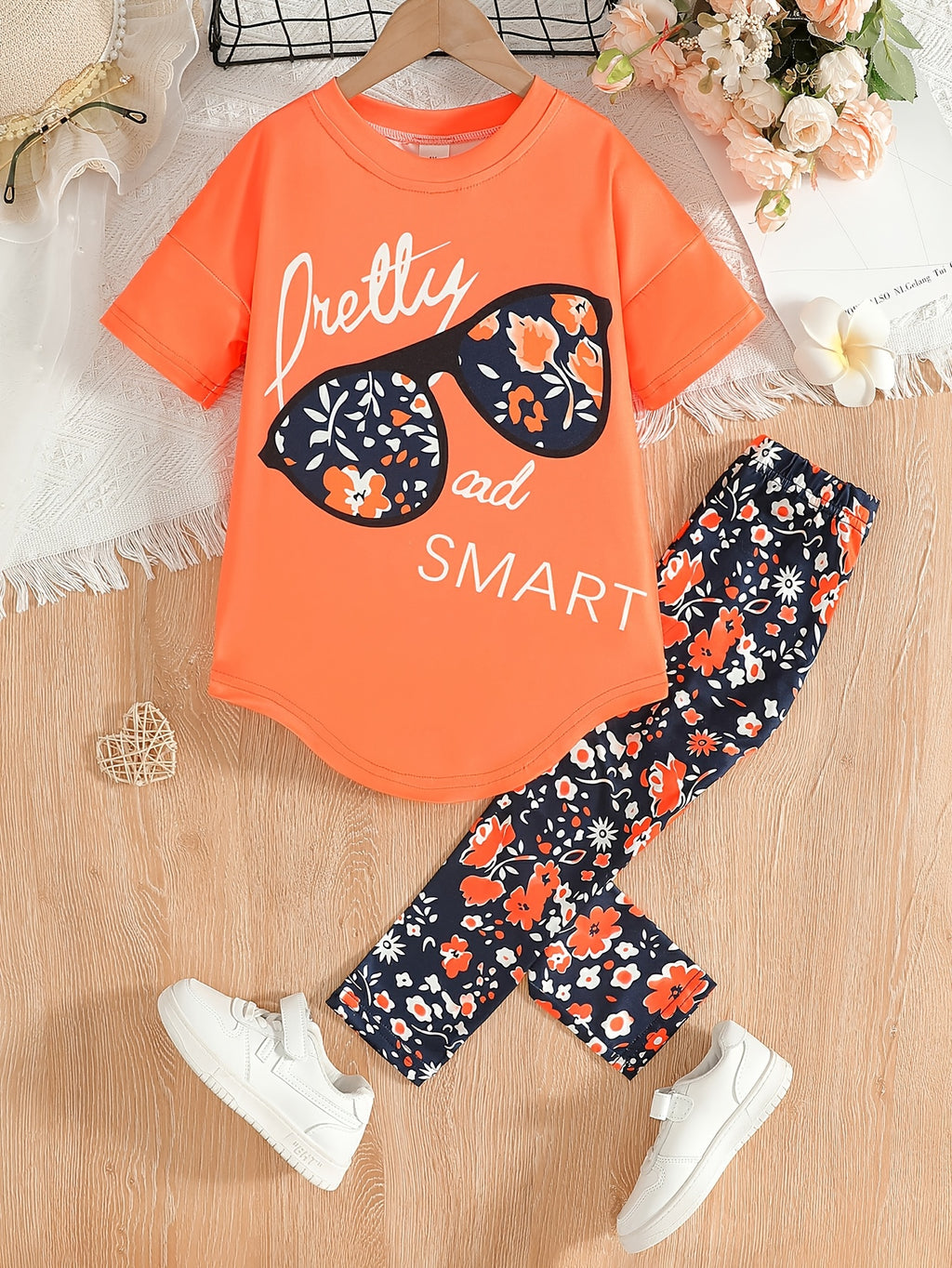 2pcs Girls' Clothing Party Slogan Large Glasses Print Pattern Drop Shoulder Irregular Hem Design Loose Short Sleeve T-Shirt + Floral Print Skinny Nine-Tenths Bottoms Set Girls' Summer Outfit Holiday Gift Girls' Fashion Casual - The Superior Findings Depot