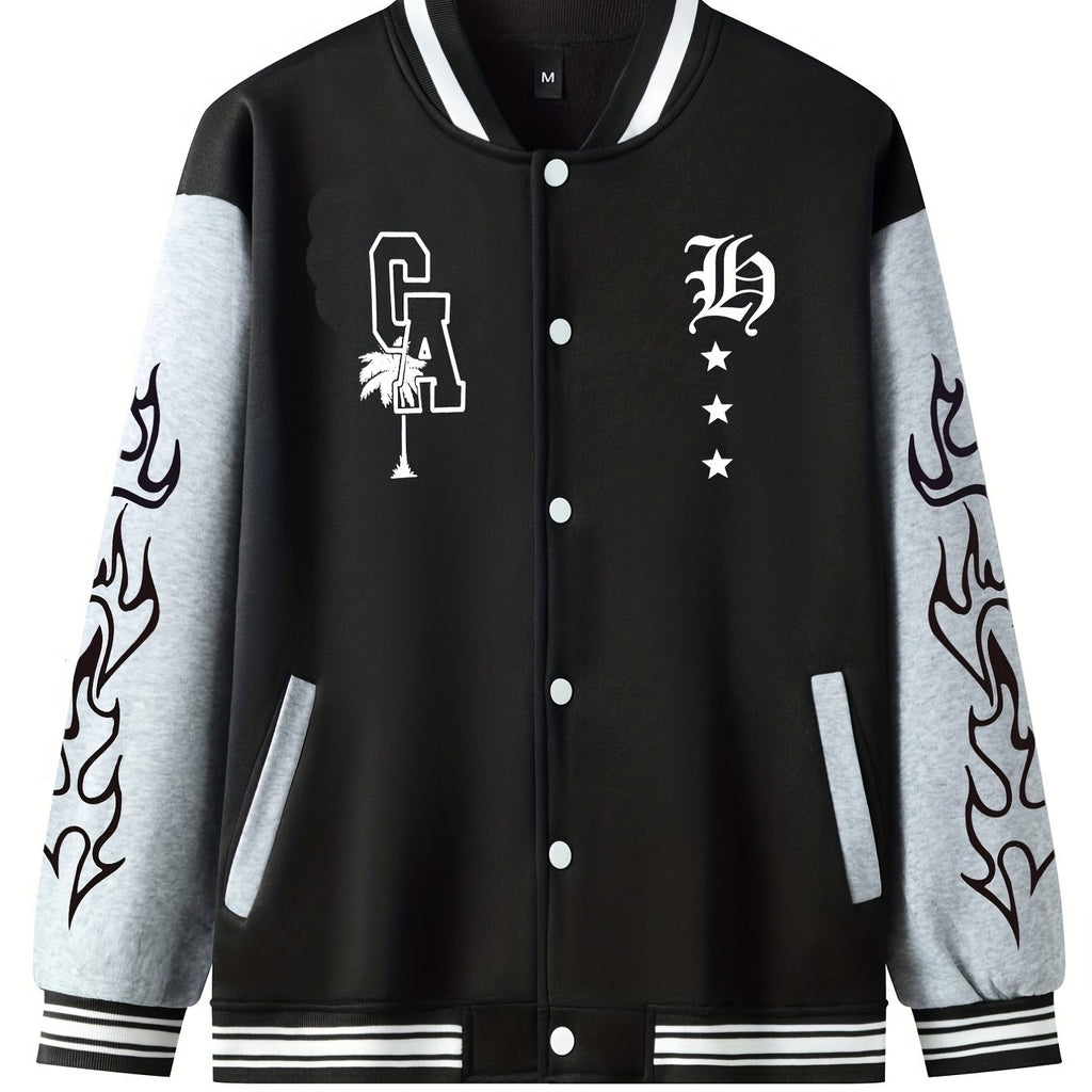Warm Letter Print Star Pattern Embroidery Varsity Jacket, Men's Casual Color Block Button Up Jacket For Spring Fall School Baseball - The Superior Findings Depot