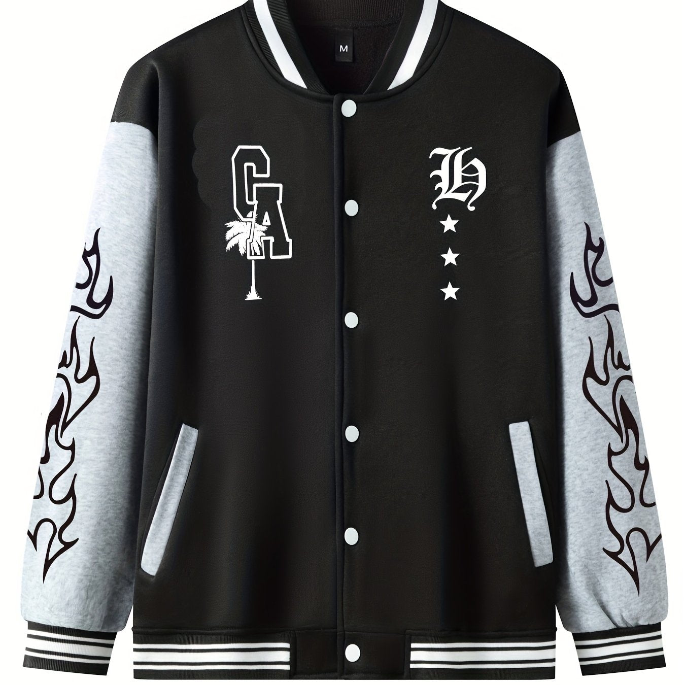 Warm Letter Print Star Pattern Embroidery Varsity Jacket, Men's Casual Color Block Button Up Jacket For Spring Fall School Baseball - The Superior Findings Depot