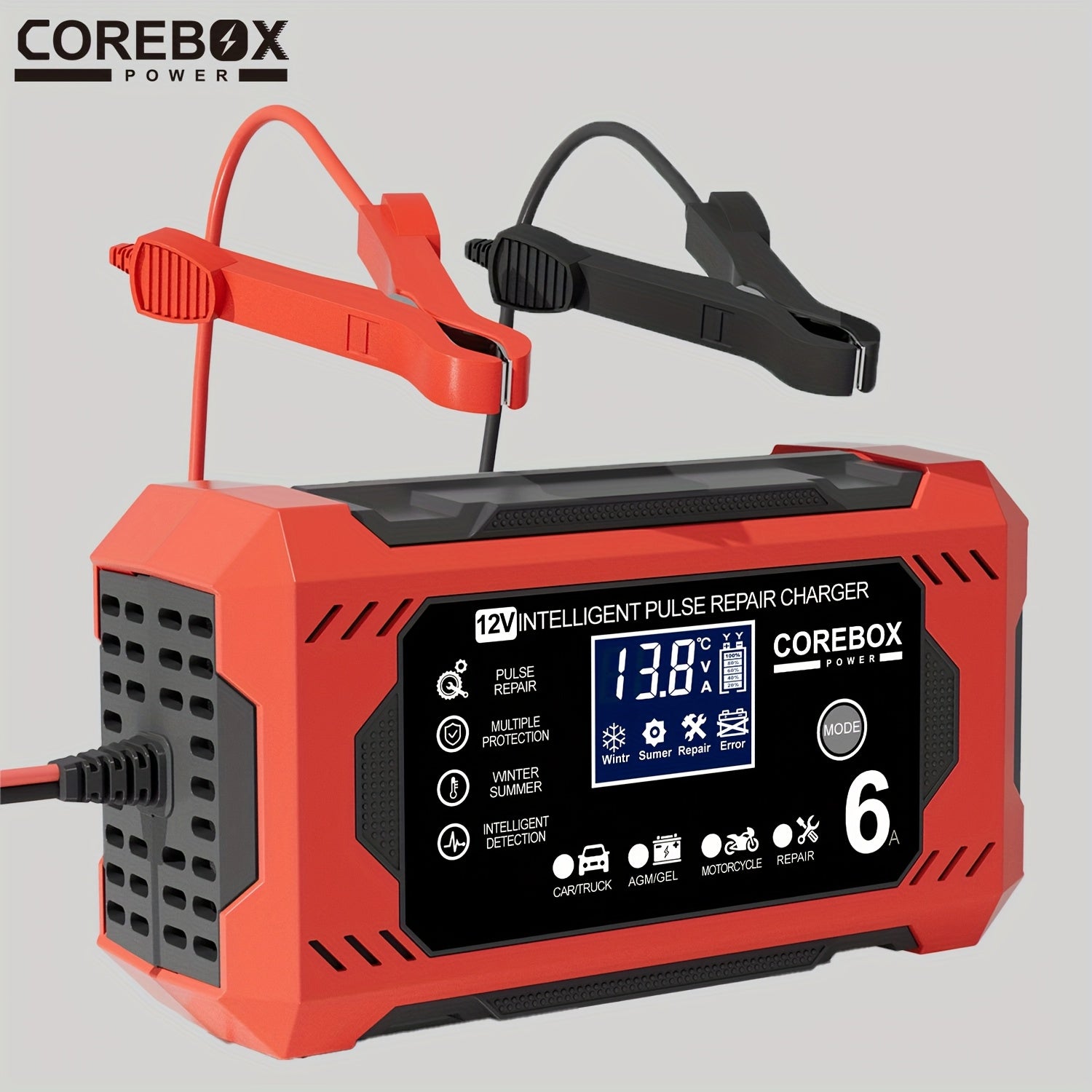 COREBOX 12V 6A Smart Battery Charger with LCD Display, 12V 6A Fast/Trickle Charger, Overcharge/Overheat/Short Circuit/Reverse Polarity, Automatic Switch Mode, Microprocessor Controlled, Compatible with AGM/GEL/SLA/Wet/EFB, 4- - The Superior Findings Depot