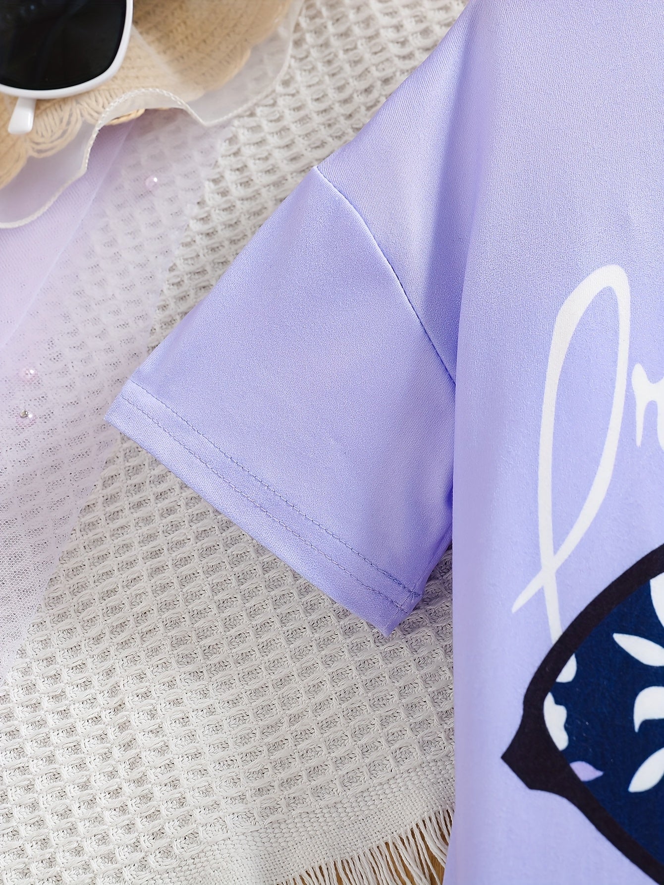 2pcs Girls' Clothing Party Slogan Large Glasses Print Pattern Drop Shoulder Irregular Hem Design Loose Short Sleeve T-Shirt + Floral Print Skinny Nine-Tenths Bottoms Set Girls' Summer Outfit Holiday Gift Girls' Fashion Casual - The Superior Findings Depot