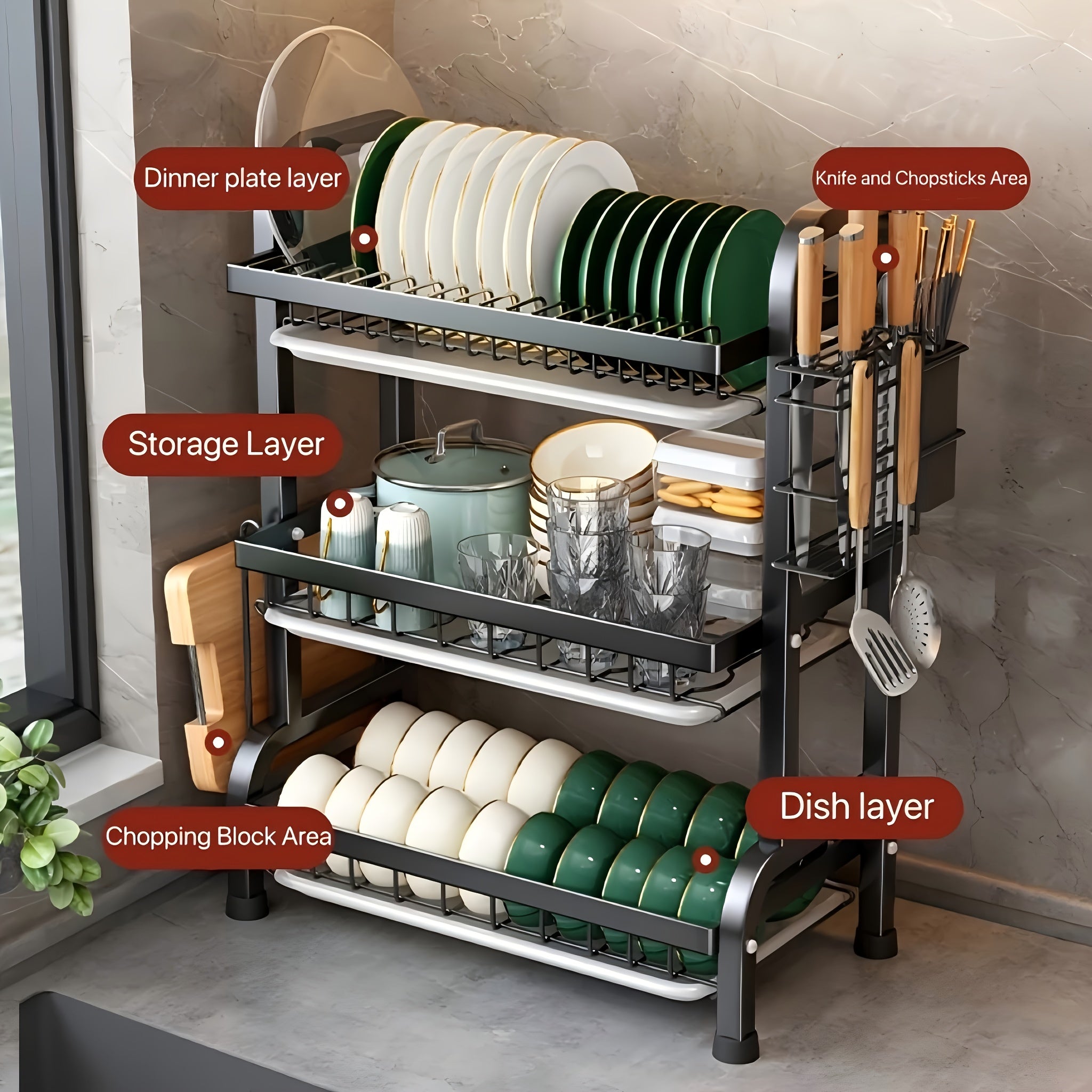 2025 Two/Three-Tier Carbon Steel Dish Rack with Drain Board, Cutlery Holder and Cup Hook - Space-Saving for Kitchen Countertop Storage - Black, No Electricity Required, Dish Drying Rack | Smooth Black Surface | Durable Kitche - The Superior Findings Depot