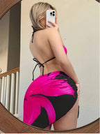 Women'S Black & Pink Floral Print Bikini Set with Ruffled Straps and Bow Detail - High-Stretch Polyester, Sleeveless Swimsuit for Beach or Pool, Beach Swimsuit|Floral Print Bikini|Polyester Fabric - The Superior Findings Depot