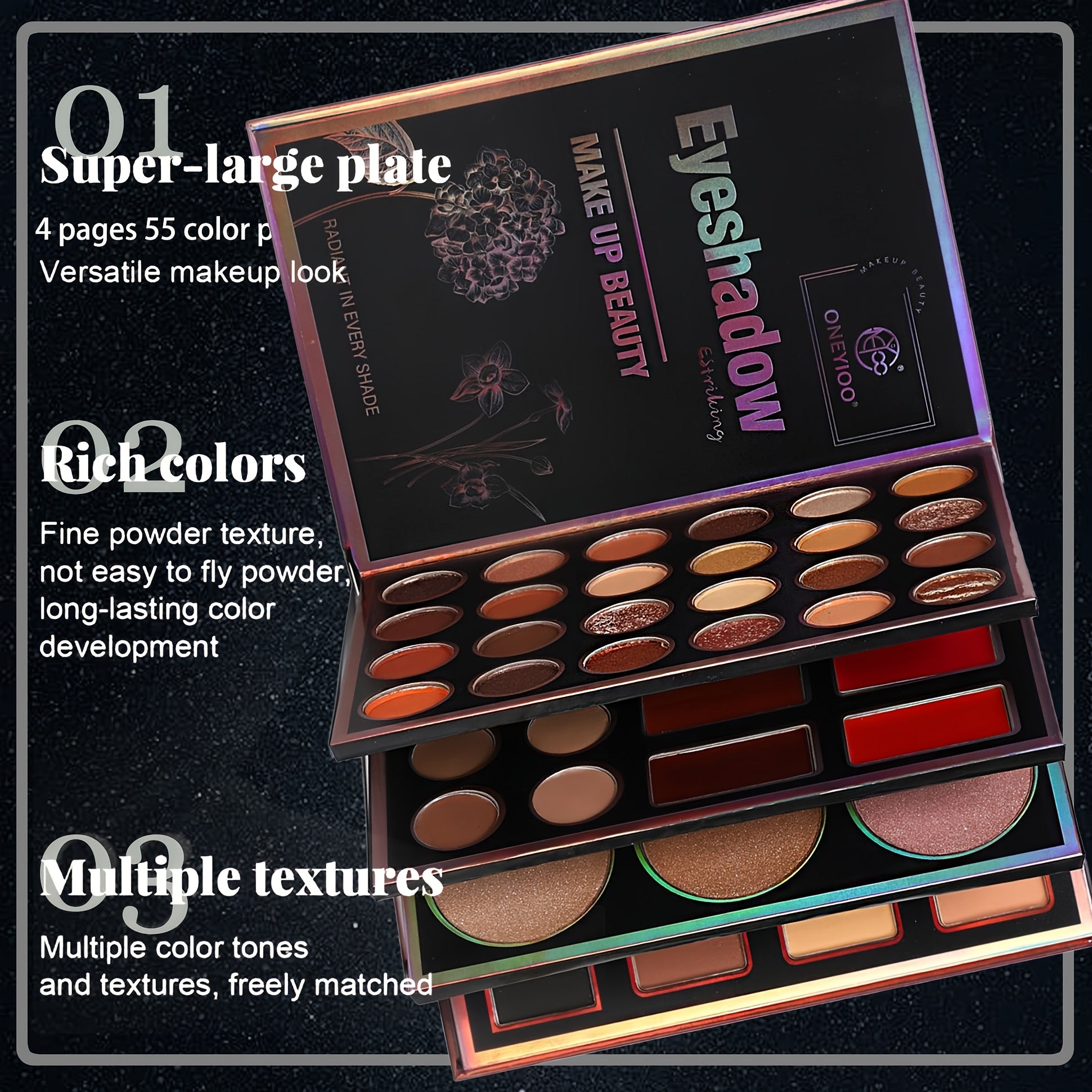 4-Page Makeup Palette, 55 Colors: 24 Eyeshadow Shades (Matte & Glitter), 6 Lip Colors, 9 Contour & Concealer Shades, 6 Highlighter & Eyeshadow Palettes in Berry, Pink, Purple, Red, Golden - Perfect Gift for Women on Special O - The Superior Findings Depot