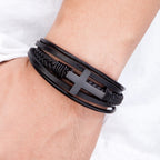 XQNI Men's Braided Faux Leather & Bracelet with Cross Pendant - 3-Tone Plated Durable Clasp, 19/21/23cm Adjustable Sizes, Genuine Faux Leather & Mirror Finish - Stylish Christmas Gift for Him, Casual Wristwear, Sophisticated - The Superior Findings Depot