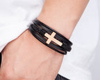 XQNI Men's Braided Faux Leather & Bracelet with Cross Pendant - 3-Tone Plated Durable Clasp, 19/21/23cm Adjustable Sizes, Genuine Faux Leather & Mirror Finish - Stylish Christmas Gift for Him, Casual Wristwear, Sophisticated - The Superior Findings Depot