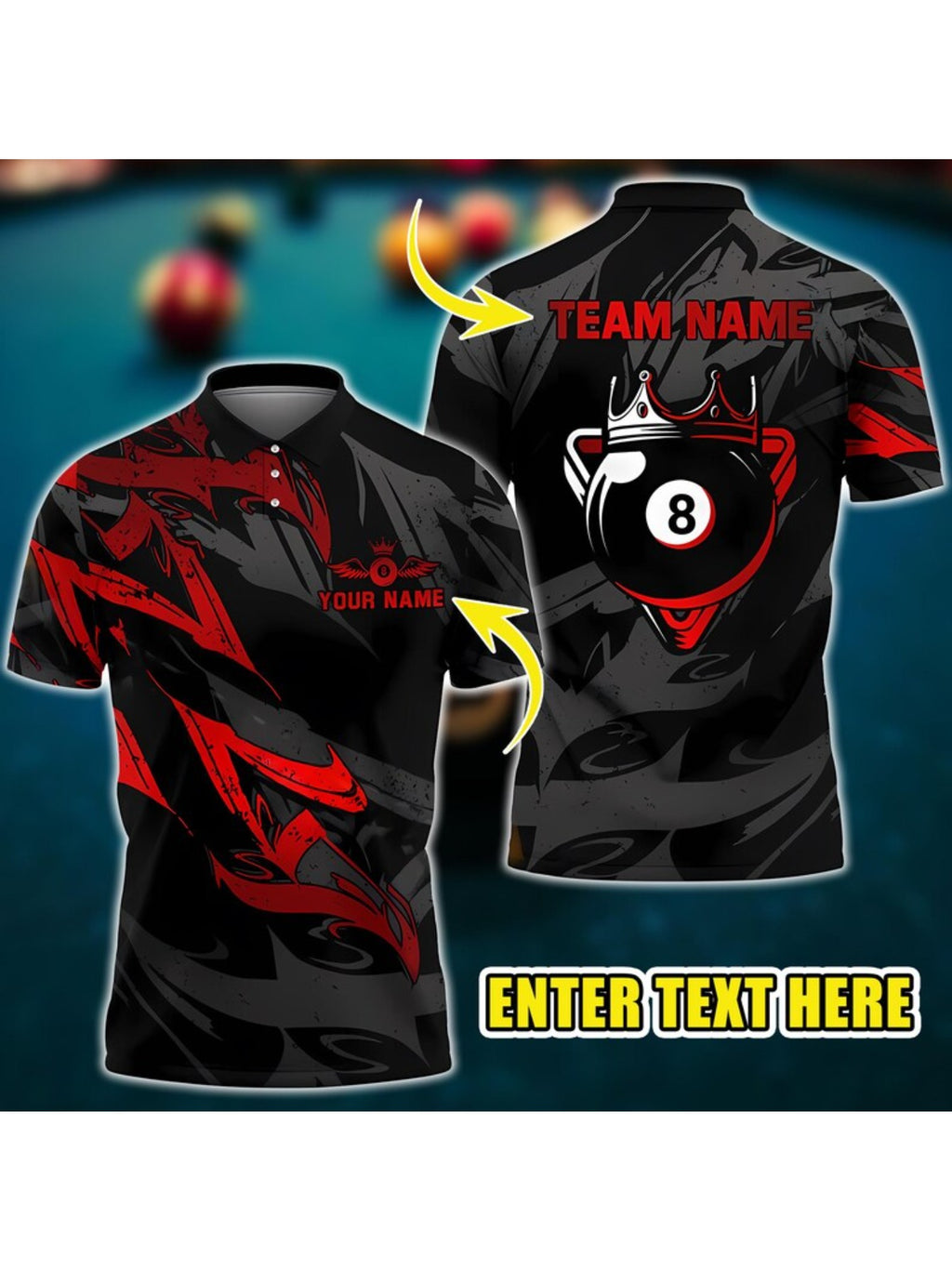 3D Billiard Shirt - 8 Ball Crown Design with Custom Name & Team