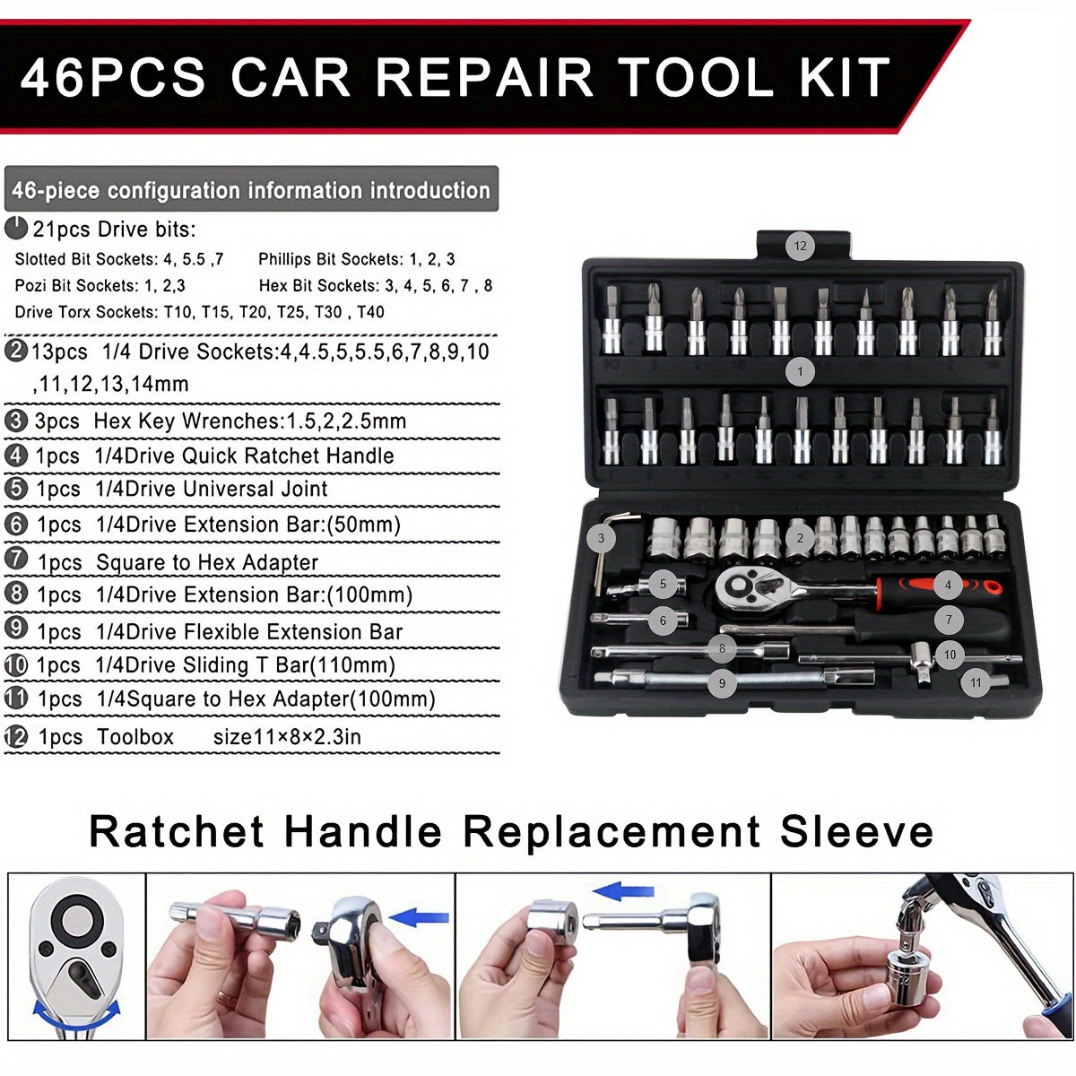 46pcs Car Repair Tool Kit, 1/4 Inch Ratchet Wrench Set with Versatile Bit Socket Set And Extension Bar, Combo Tools Kit, for Car, Motorcycle & Bicycle Repair - The Superior Findings Depot