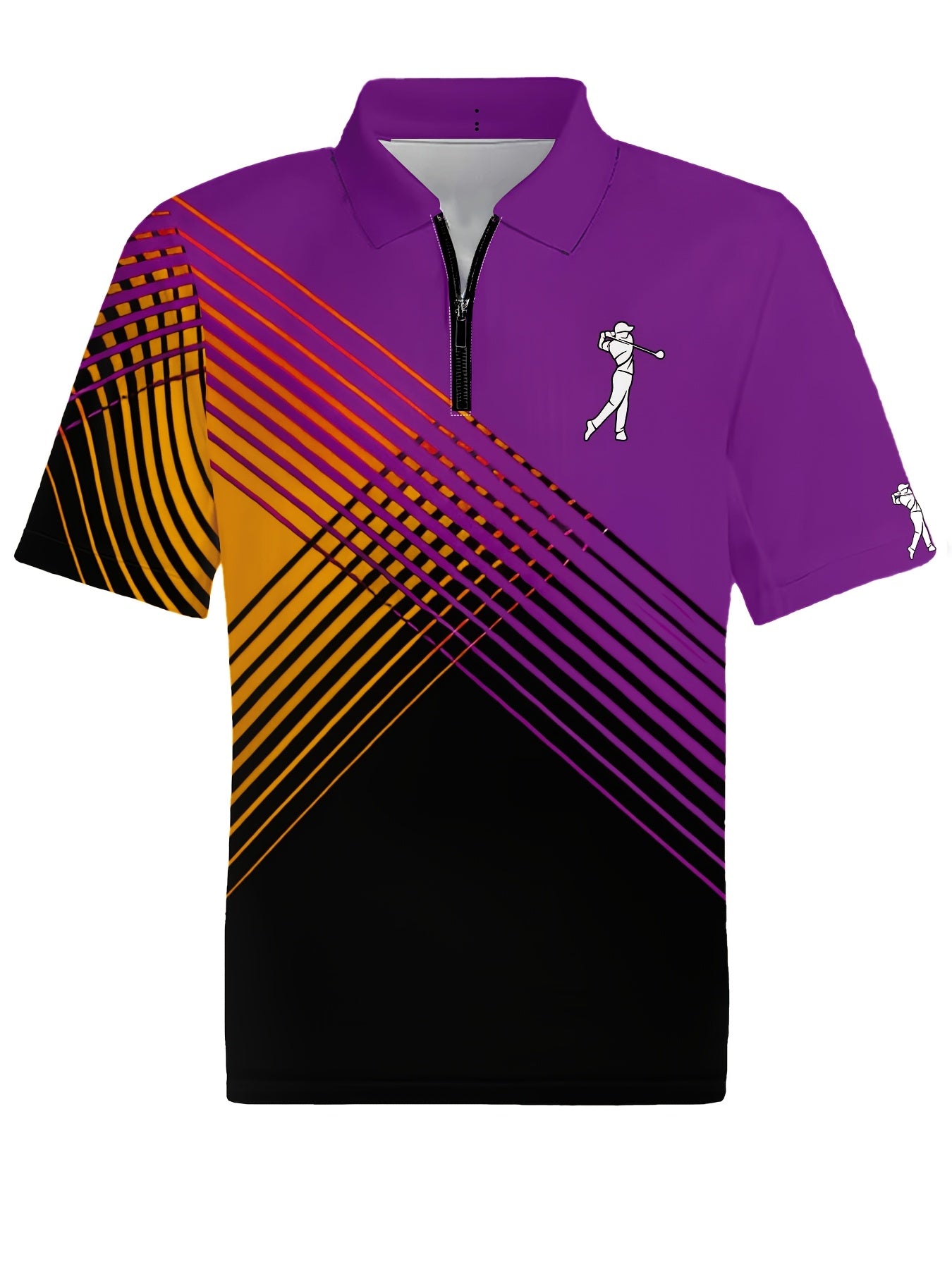 [Neon Polo Shirt] Neon Color Block 3D Digital Print Men's Summer Short Sleeve Polo Shirt | Casual Style, Regular Fit, 100% Polyester, Half Placket, Zipper Detail, Slight Stretch, 150g/m² - Yellow/Blue/Black