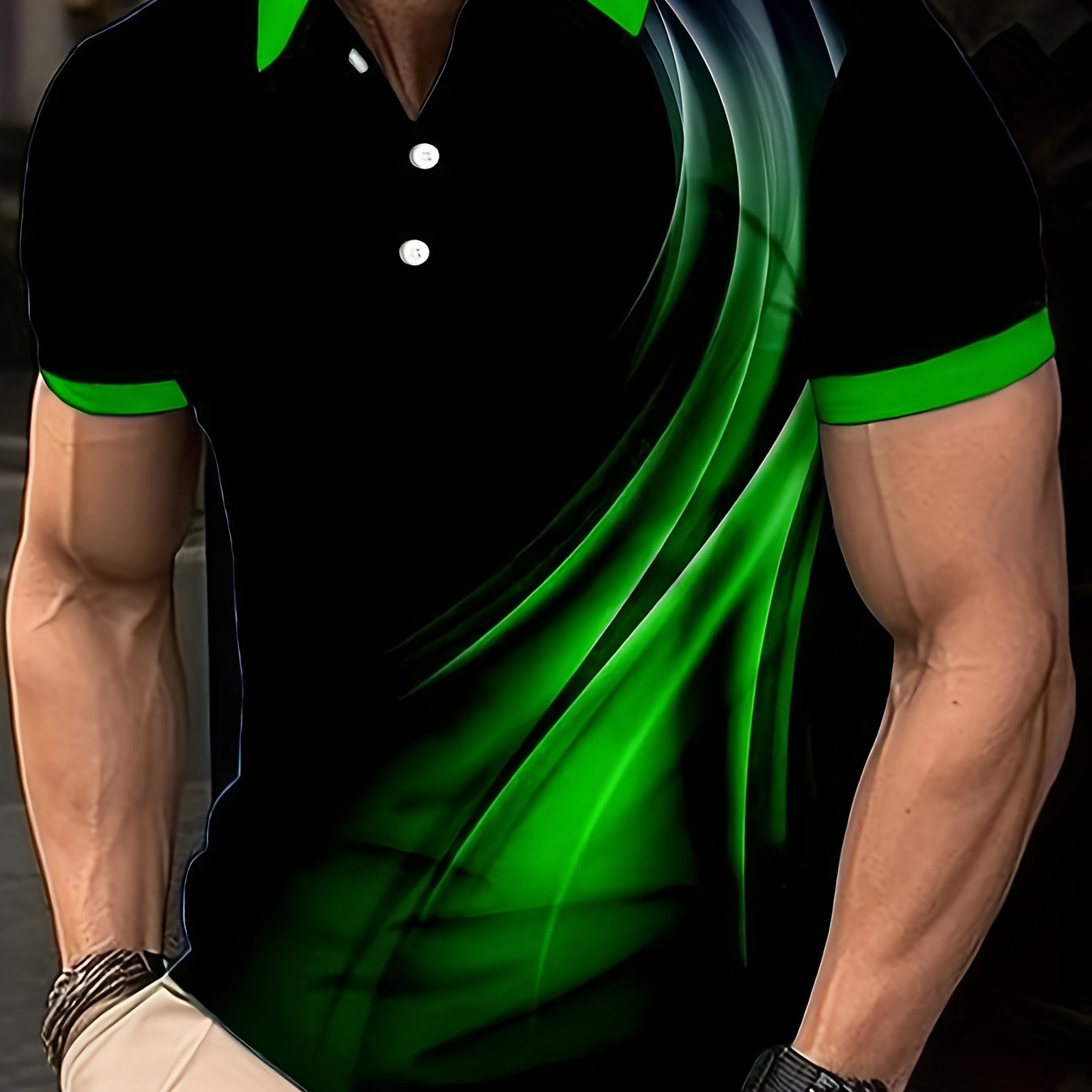 Men's Summer Short Sleeve Shirt - Bright Green Geometric Pattern