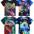 Boys' Summer Four-Pack Dinosaur Print T-Shirts - Casual Crew Neck