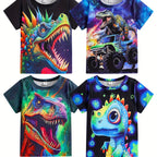 Boys' Summer Four-Pack Dinosaur Print T-Shirts - Casual Crew Neck