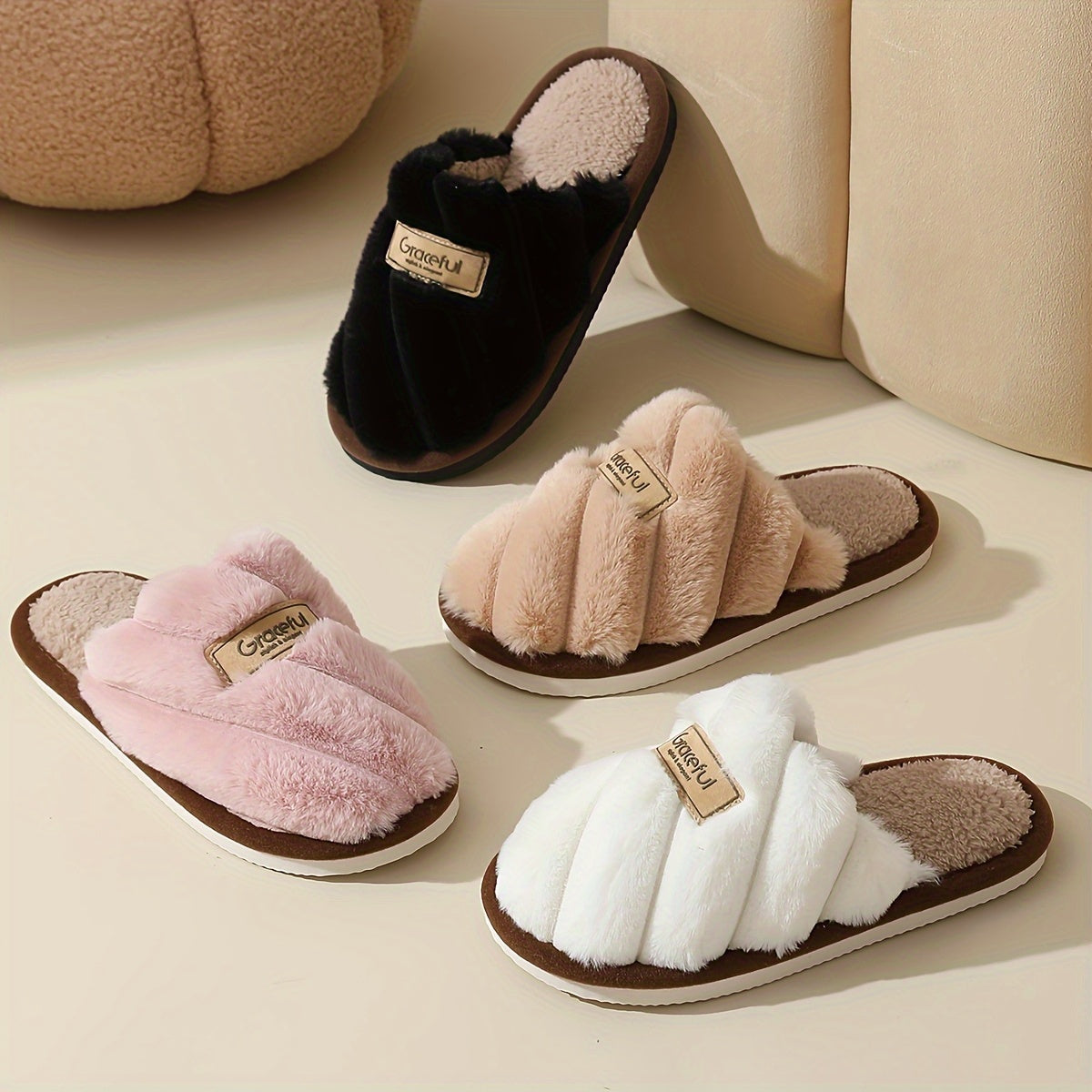 Women'S & Men'S Winter Warm Plush Slippers - Soft Fleece Lined Indoor House Shoes with EVA Sole, Cozy Casual Design for Home Comfort, Black, Pink, White, Beige, Slipper, Indoor Footwear, Plush Interior, Durable Footwear, Wome - The Superior Findings Depot