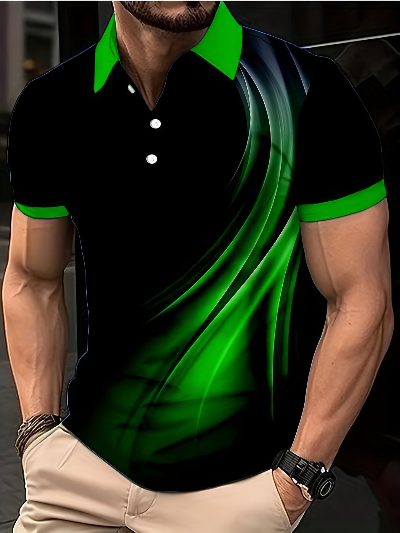 Men's Summer Short Sleeve Shirt - Bright Green Geometric Pattern