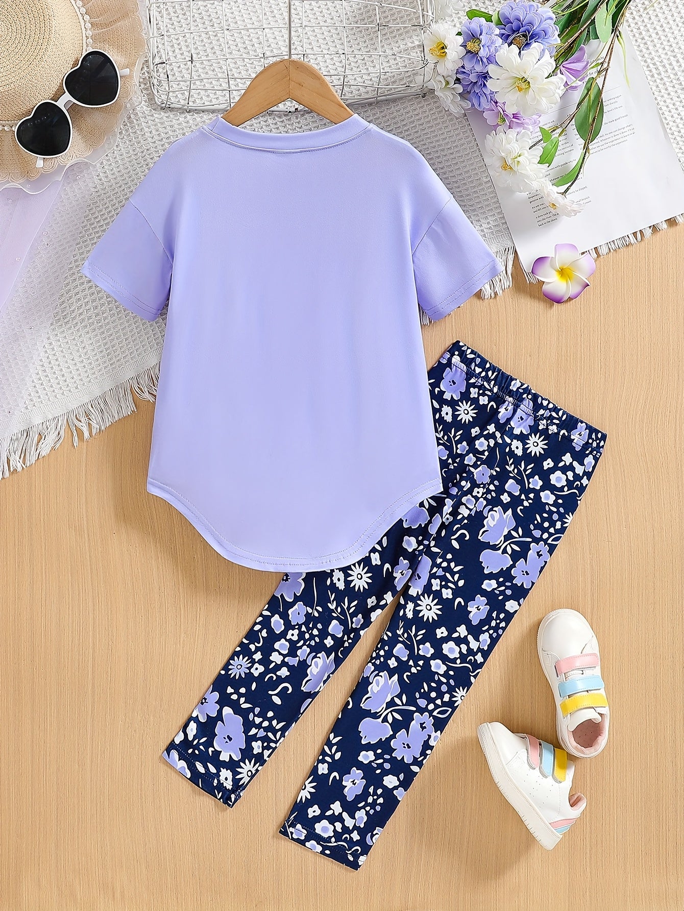 2pcs Girls' Clothing Party Slogan Large Glasses Print Pattern Drop Shoulder Irregular Hem Design Loose Short Sleeve T-Shirt + Floral Print Skinny Nine-Tenths Bottoms Set Girls' Summer Outfit Holiday Gift Girls' Fashion Casual - The Superior Findings Depot