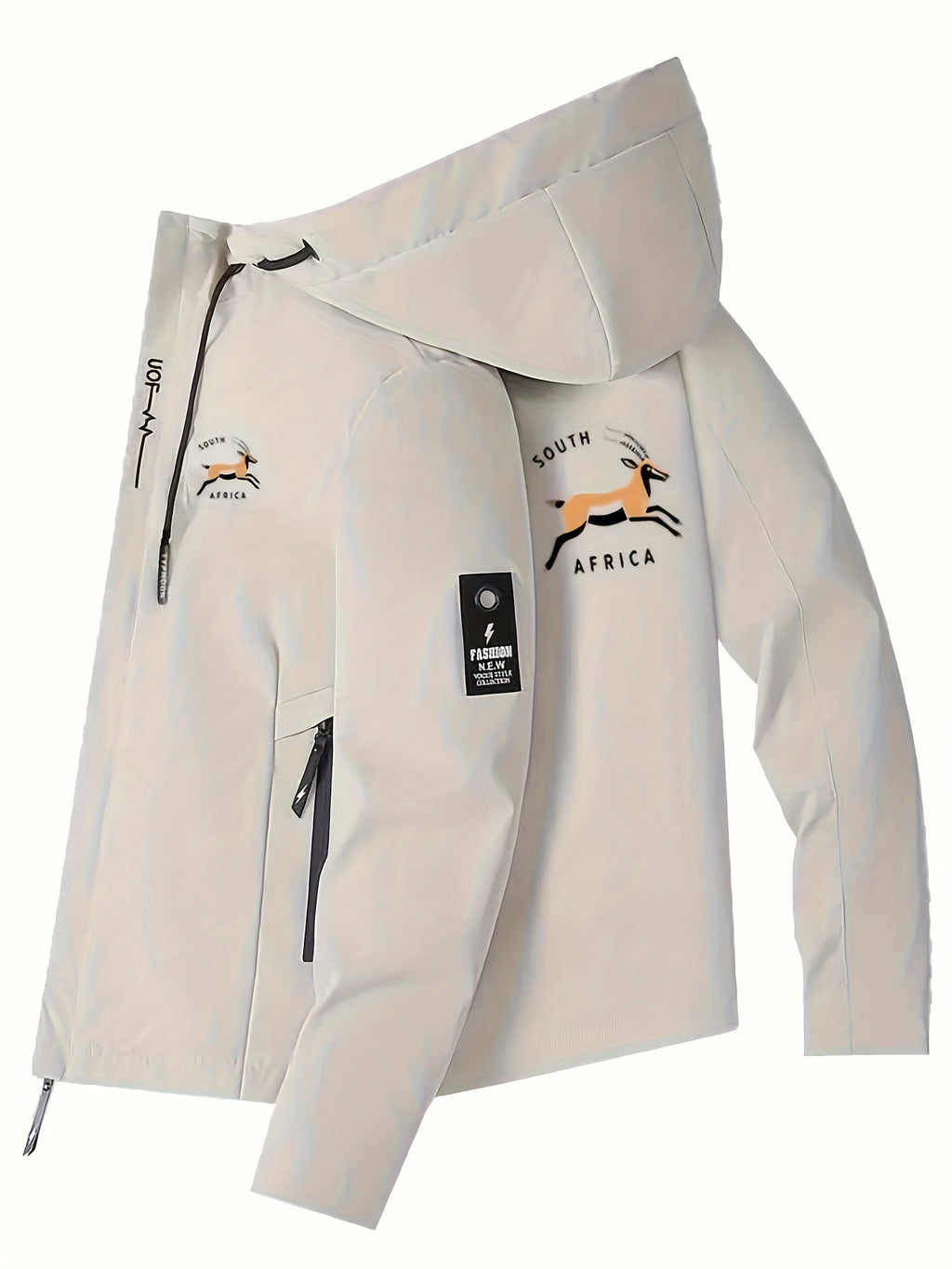 [Lightweight Hooded Jacket] Men's Lightweight Hooded Jacket - Beige Zip-Up Coat with Drawstring Hood, Non-Stretch Fabric for Formal & Casual Outfits - Everyday & Special Events - Model 932, South African Men' Rugby Jacket, Af - The Superior Findings Depot