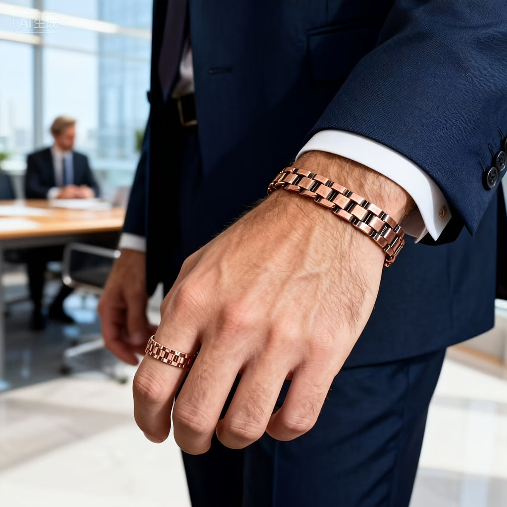 2pcss Men'S Magnetic Bracelet & Ring Set - Adjustable Copper Magnetic Wristband with Polished Finish, 2pcs Set for Wellness, Travel, Home, Office, Magnetic Bracelet For Men, Office Accessory, Sleek Design, Durable Constructio - The Superior Findings Depot