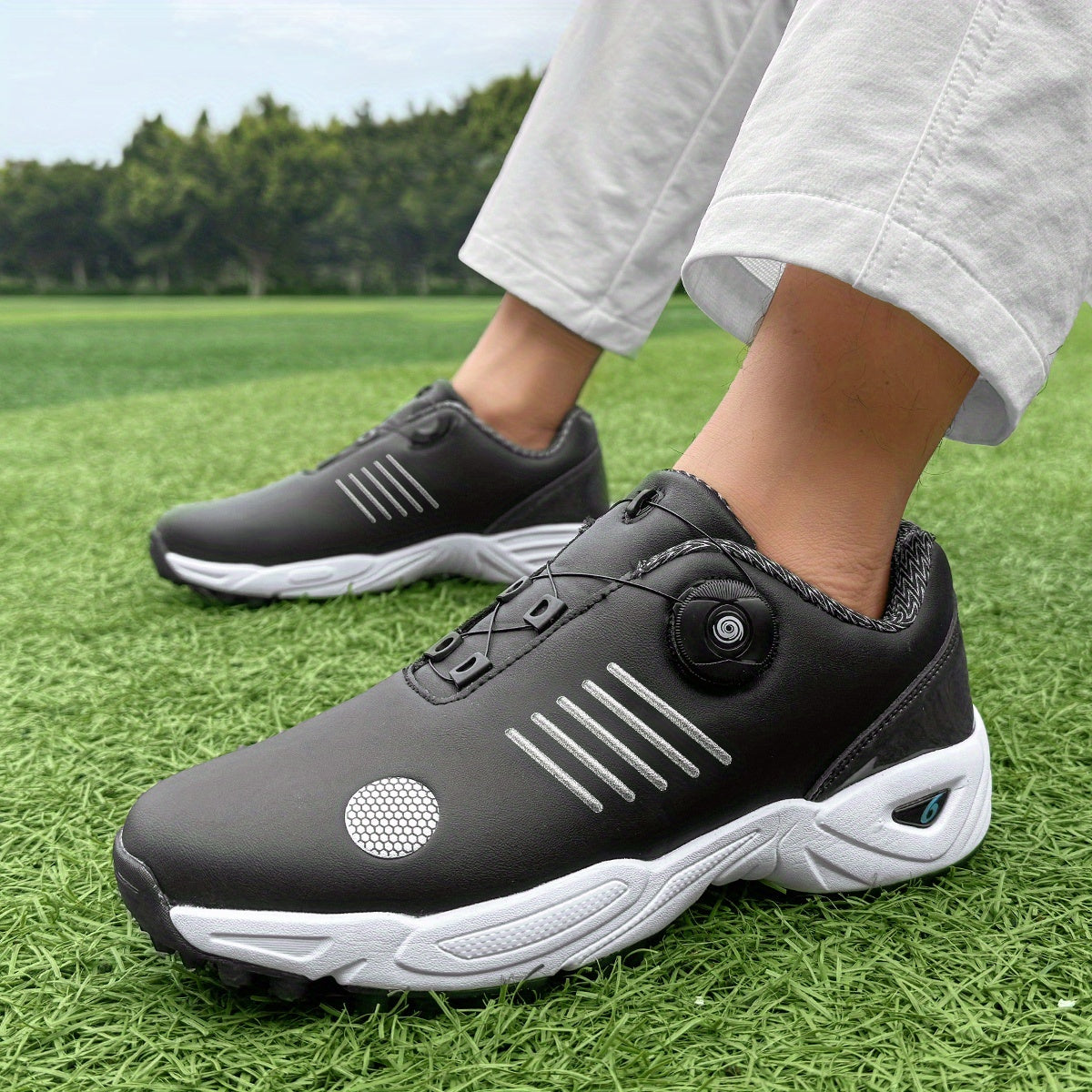 Men's Lightweight Golf Shoes with All-Day Traction - Breathable Synthetic & Rubber Sole for Grass Courses, Casual Wear & Outdoor Sports - White/Black Design, Casual Wear Shoes | Casual Athletic Design | Durable Rubber Sole, G