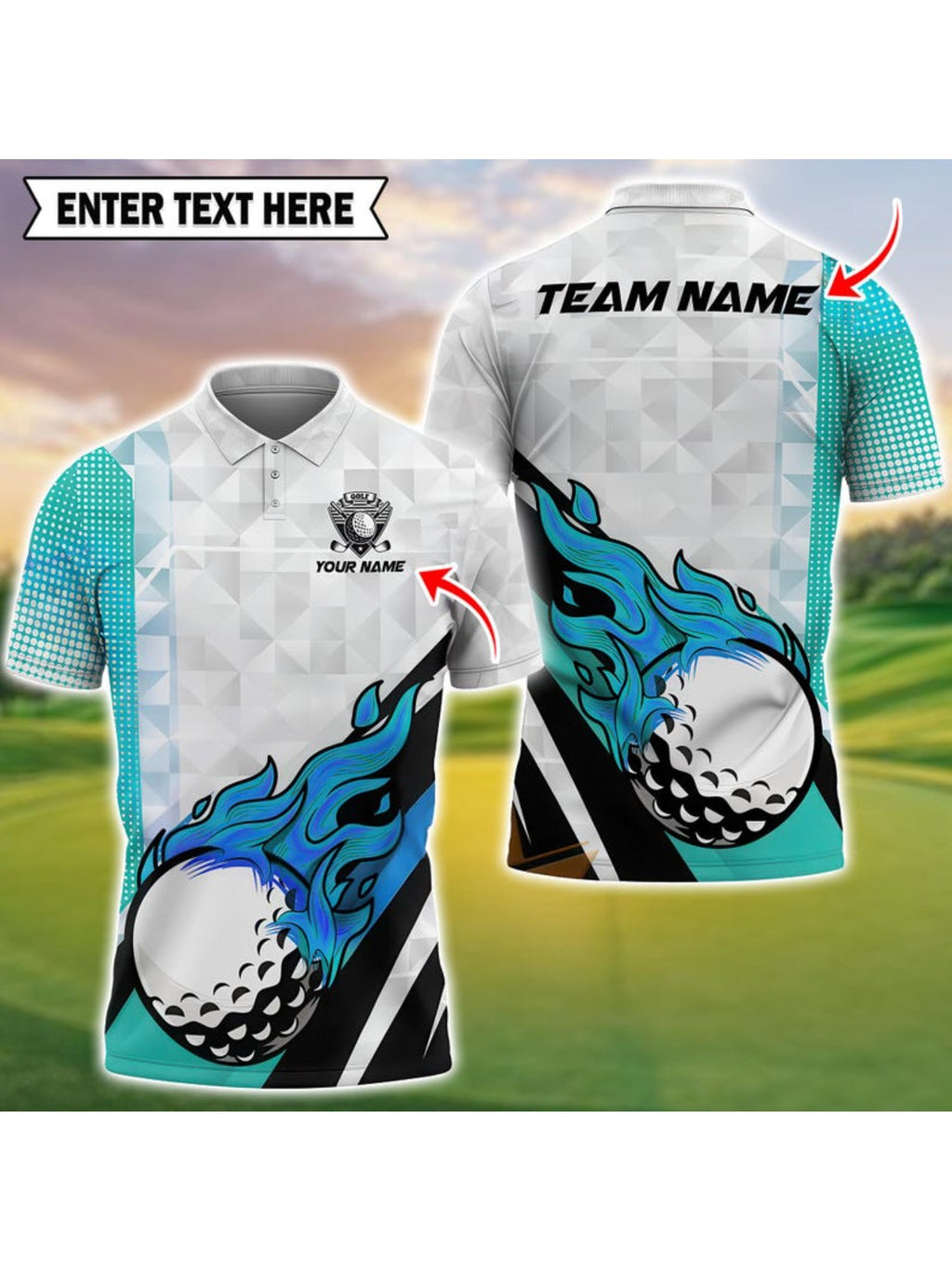 Men's Custom Golf Shirt - Blue & Black Flame with Golf Ball Accent