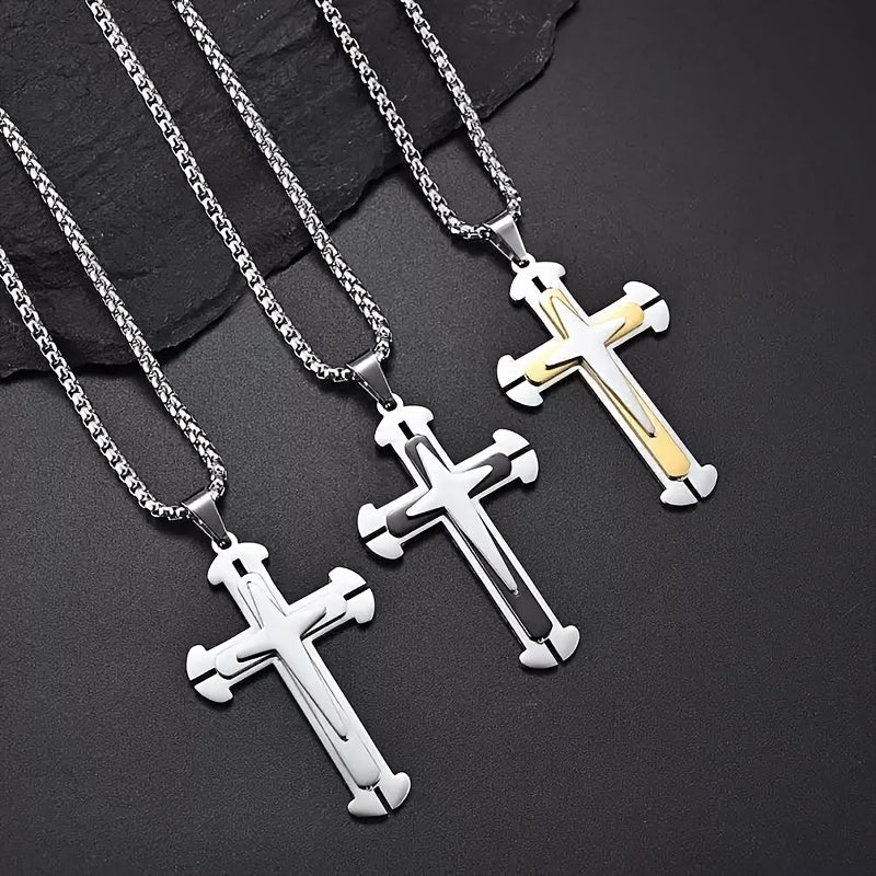 Stylish Cross Pendant Necklace - Cool Multi-Layered Design in 201 Stainless Steel Square Chain - Suitable for Women and Men's Daily Wear, Classic Jewelry Accessory for Outfits, Holidays, Valentine's Day, Mother's Day, Birthda - The Superior Findings Depot