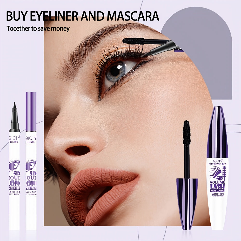 QICI 5D EXTREME 2in1 Mascara + Eyeliner Set - Waterproof, Long-Lasting, Smudge-Proof, Volume & Length Enhancing, Black Liquid Eyeliner with 10ml Brush, 24-Hour Wear, 1pc/2pcs, Beauty Essentials|Bold Eye Makeup|Smudgeproof Lin - The Superior Findings Depot