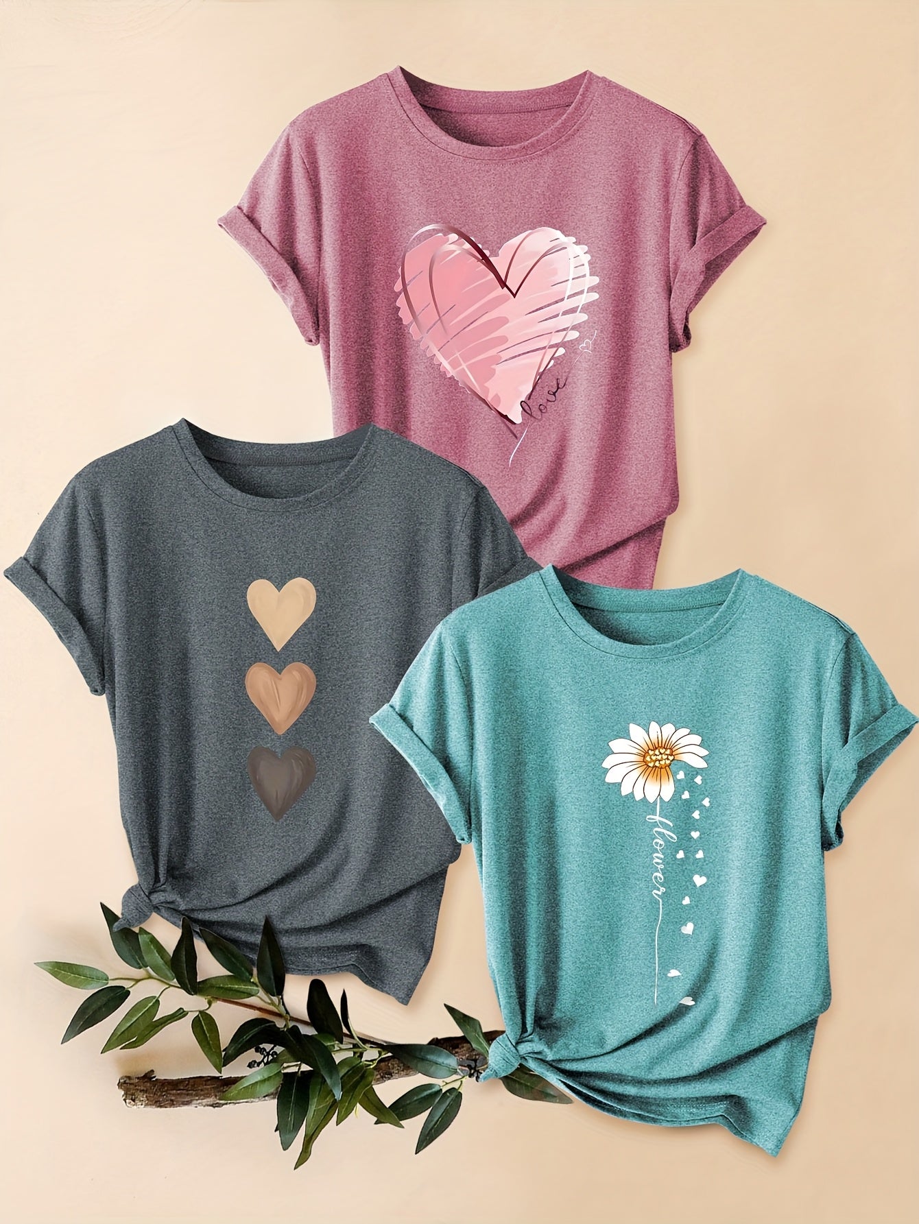 3pcs Women's Vintage-Inspired Graphic Tees - Floral & Heart Print Casual Short Sleeve T-Shirts, Soft Stretch Round Neck Tops for Spring Summer Fall,, Teal & Lavender, Seasonal Fashion, Artistic Design, Lightweight Tee, Printe - The Superior Findings Depot