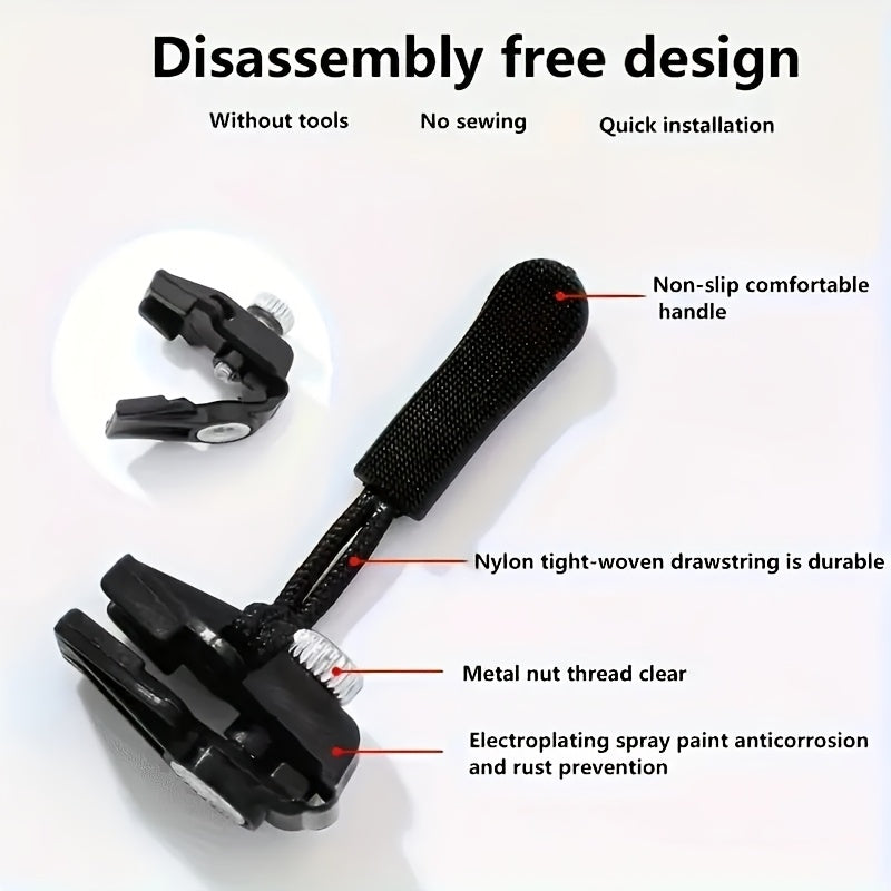 Set of 6 Universal Black Zipper Replacements - Detachable No Sewing