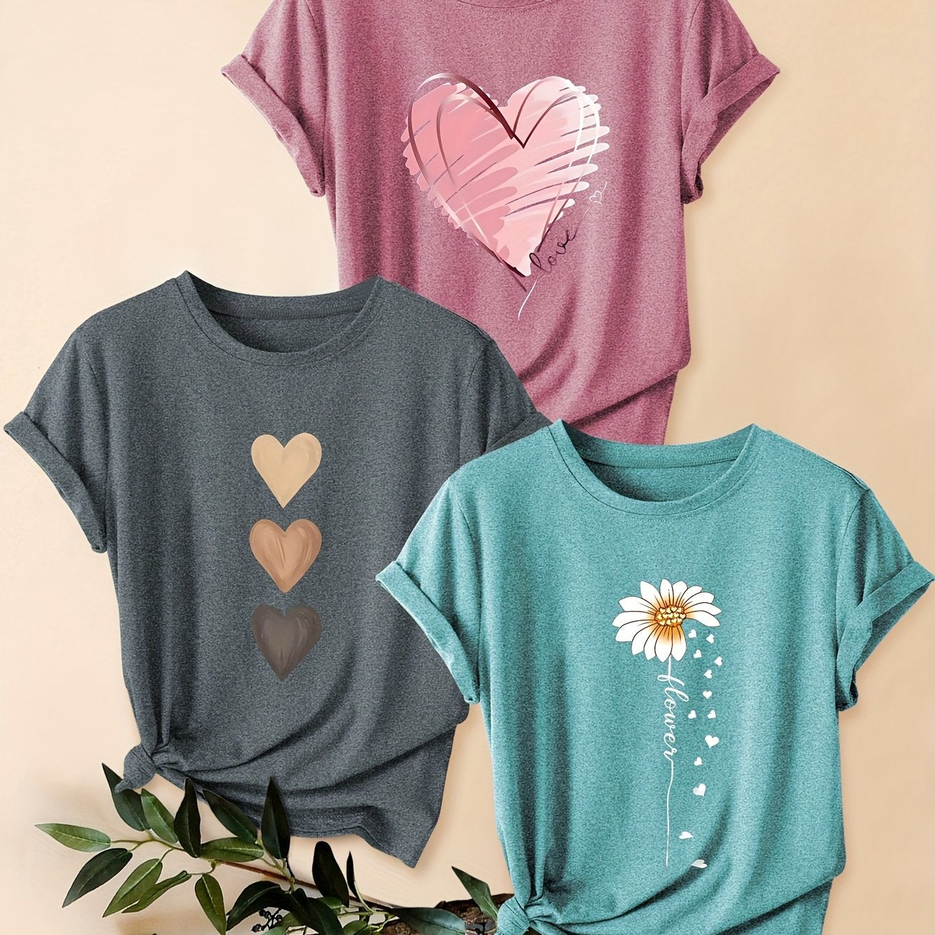 3pcs Women's Vintage-Inspired Graphic Tees - Floral & Heart Print Casual Short Sleeve T-Shirts, Soft Stretch Round Neck Tops for Spring Summer Fall,, Teal & Lavender, Seasonal Fashion, Artistic Design, Lightweight Tee, Printe - The Superior Findings Depot