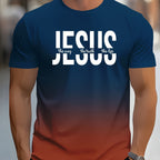 Men's Short Sleeve T-Shirt with Bold "JESUS THE WAY TRUTH LIFE" Print - Green & White Gradient Casual Round Neck Tee, Machine Washable Regular Fit Religious Graphic Top - The Superior Findings Depot