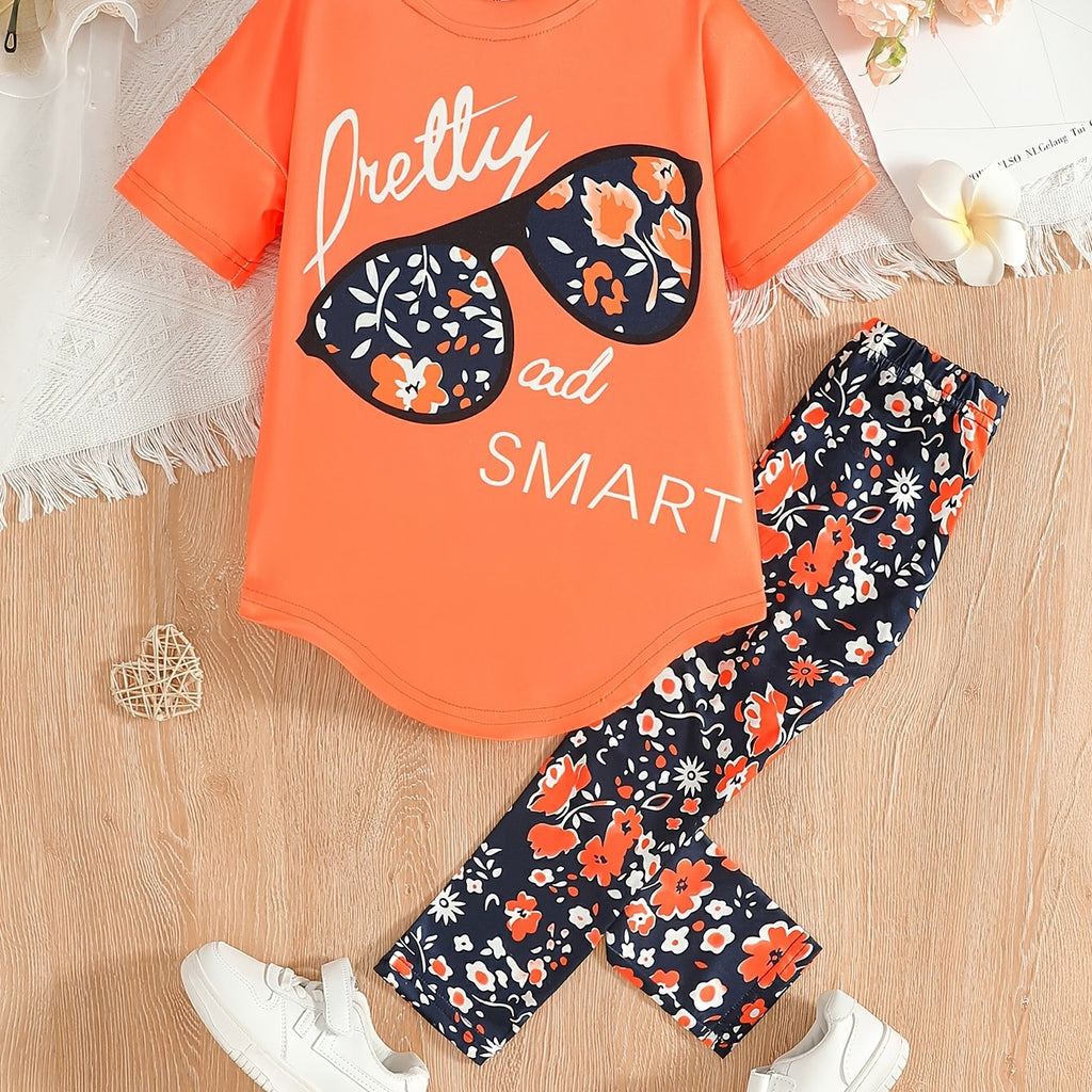 2pcs Girls' Clothing Party Slogan Large Glasses Print Pattern Drop Shoulder Irregular Hem Design Loose Short Sleeve T-Shirt + Floral Print Skinny Nine-Tenths Bottoms Set Girls' Summer Outfit Holiday Gift Girls' Fashion Casual - The Superior Findings Depot