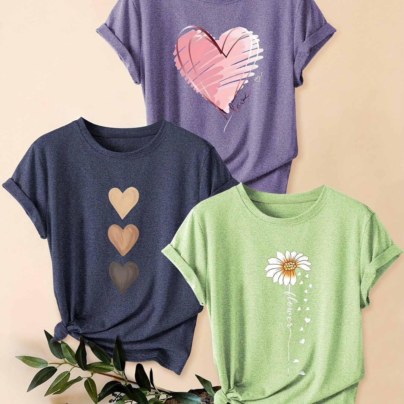 3pcs Women's Vintage-Inspired Graphic Tees - Floral & Heart Print Casual Short Sleeve T-Shirts, Soft Stretch Round Neck Tops for Spring Summer Fall,, Teal & Lavender, Seasonal Fashion, Artistic Design, Lightweight Tee, Printe - The Superior Findings Depot