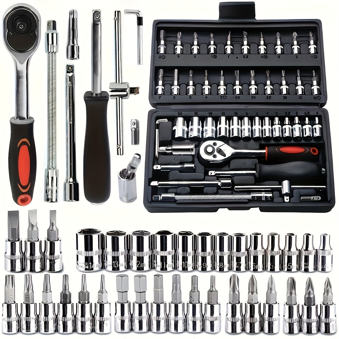 46pcs Car Repair Tool Kit, 1/4 Inch Ratchet Wrench Set with Versatile Bit Socket Set And Extension Bar, Combo Tools Kit, for Car, Motorcycle & Bicycle Repair - The Superior Findings Depot