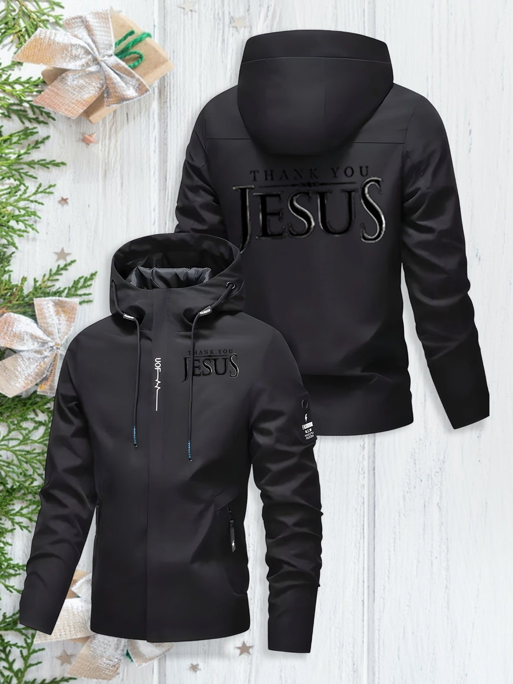 Men's Heavy-Duty Windproof Hooded Jacket with Jesus Logo & Bible Verse Print - Full-Zip Winter Coat, Golden-Tone Religious Design, Machine Washable Warm Outerwear for Church Events, Christmas Gifts (Full Back Print) - The Superior Findings Depot