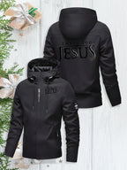 Men's Heavy-Duty Windproof Hooded Jacket with Jesus Logo & Bible Verse Print - Full-Zip Winter Coat, Golden-Tone Religious Design, Machine Washable Warm Outerwear for Church Events, Christmas Gifts (Full Back Print) - The Superior Findings Depot