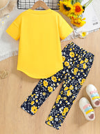 2pcs Girls' Clothing Party Slogan Large Glasses Print Pattern Drop Shoulder Irregular Hem Design Loose Short Sleeve T-Shirt + Floral Print Skinny Nine-Tenths Bottoms Set Girls' Summer Outfit Holiday Gift Girls' Fashion Casual - The Superior Findings Depot
