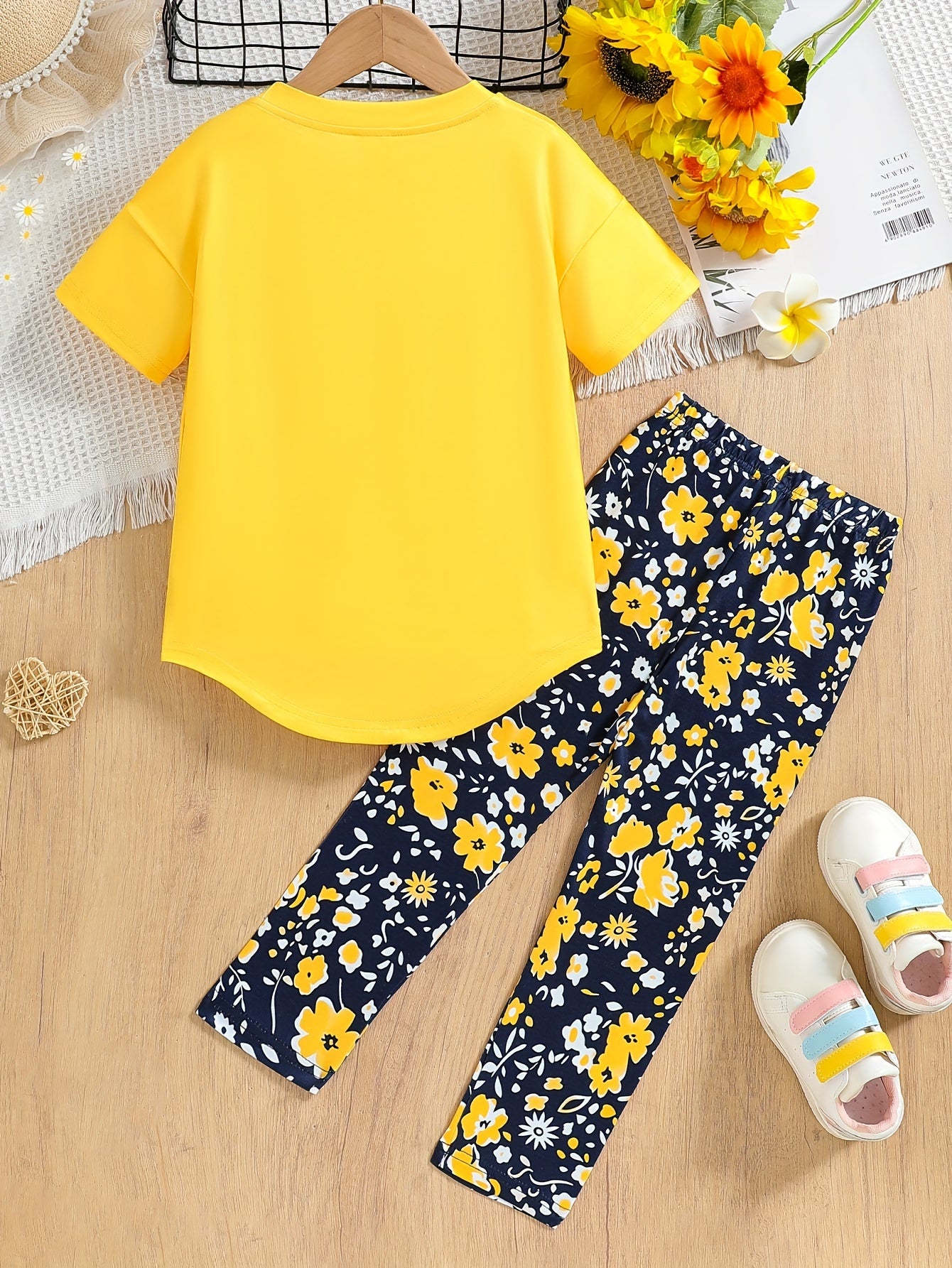 2pcs Girls' Clothing Party Slogan Large Glasses Print Pattern Drop Shoulder Irregular Hem Design Loose Short Sleeve T-Shirt + Floral Print Skinny Nine-Tenths Bottoms Set Girls' Summer Outfit Holiday Gift Girls' Fashion Casual - The Superior Findings Depot
