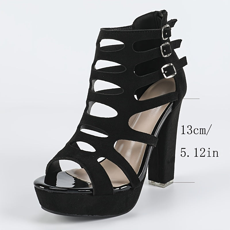 Fashion Block Heel Cutout Peep Toe Sandals, Buckle Platform Versatile Daily Nightclub Style Shoes for Women - The Superior Findings Depot