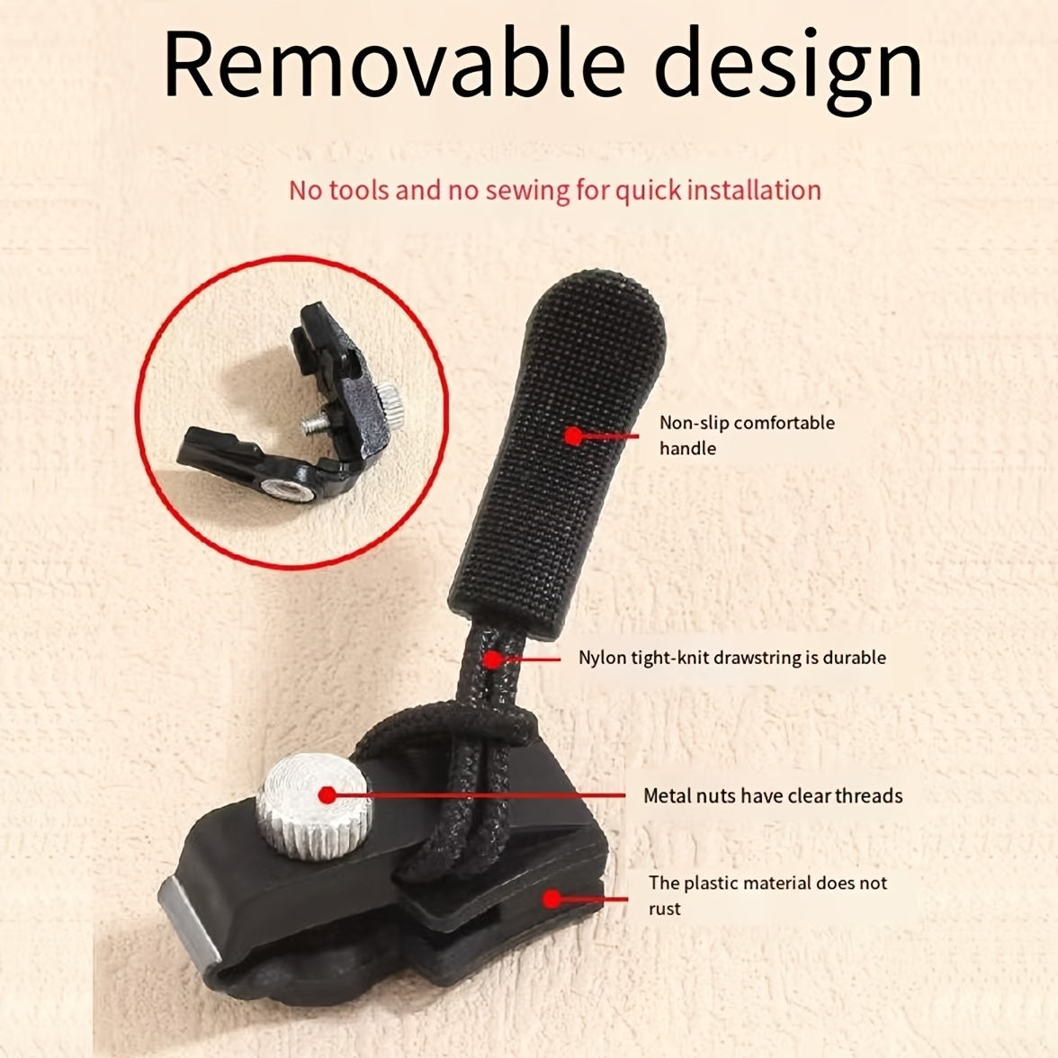 Set of 6 Universal Black Zipper Replacements - Detachable No Sewing