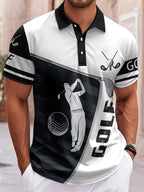 Men's Summer Casual Golf Shirt - Breathable Short Sleeve with Golf Club & Ball Graphic Print, Contrast Stripe Collar, Regular Fit for Outdoor Sports & Casual Wear, Golf Shirt, Smooth Texture Fabric