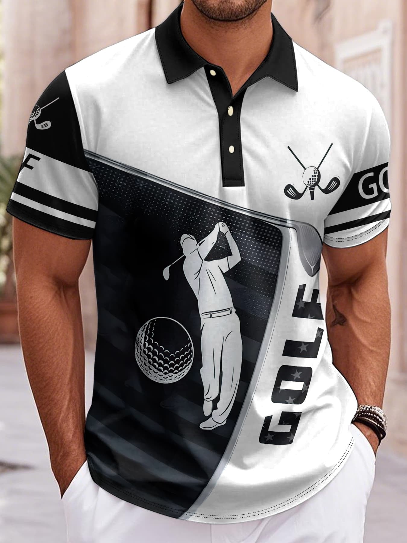 Men's Summer Casual Golf Shirt - Breathable Short Sleeve with Golf Club & Ball Graphic Print, Contrast Stripe Collar, Regular Fit for Outdoor Sports & Casual Wear, Golf Shirt, Smooth Texture Fabric