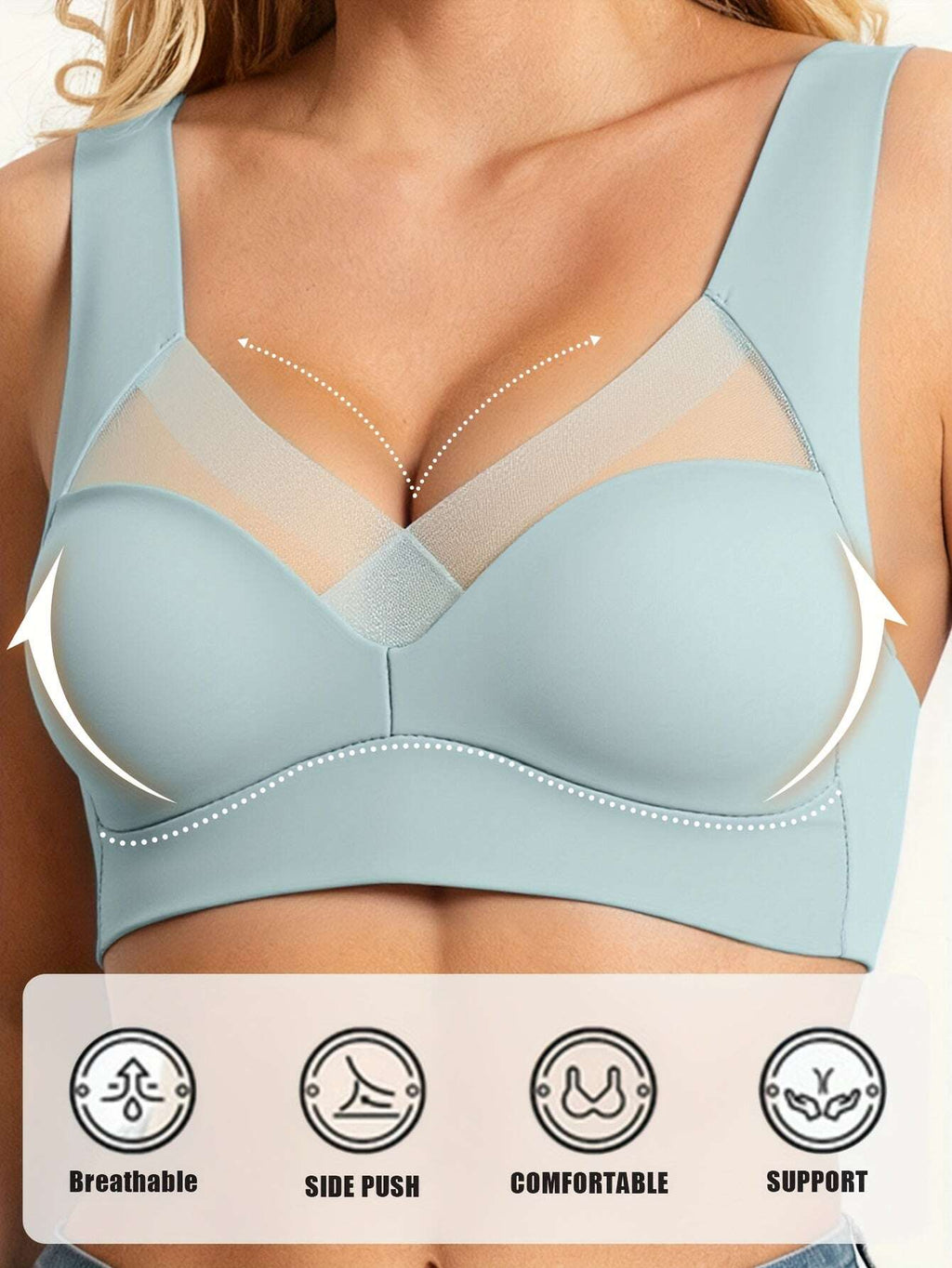 2pcs Women's Elegant Seamless Wire-Free Push Up Bra, Comfortable Breathable Ice Silky Fiber Fabric with Contrast Lace V-Neck Design for Casual Wear - The Superior Findings Depot