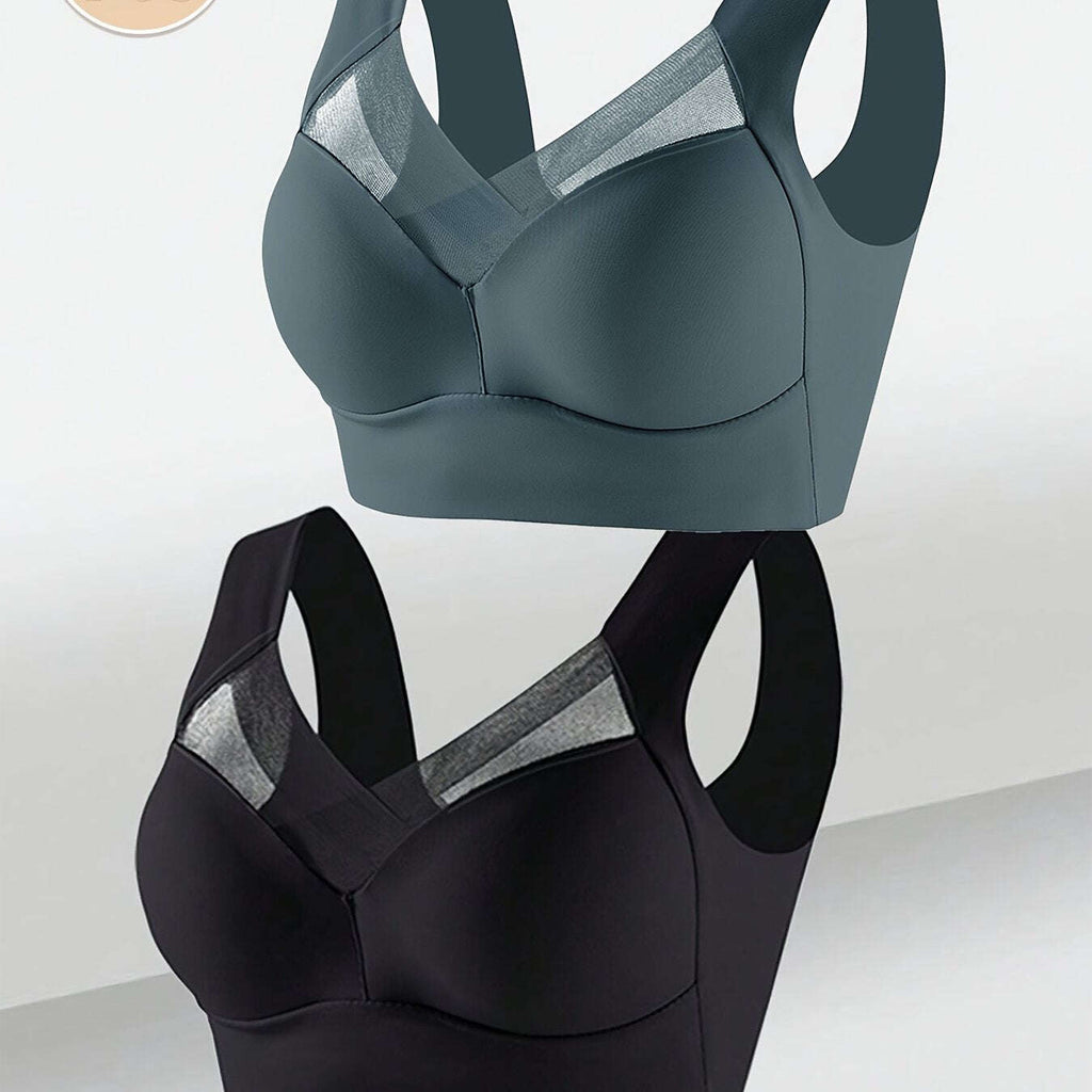 2pcs Women's Elegant Seamless Wire-Free Push Up Bra, Comfortable Breathable Ice Silky Fiber Fabric with Contrast Lace V-Neck Design for Casual Wear - The Superior Findings Depot