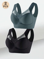 2pcs Women's Elegant Seamless Wire-Free Push Up Bra, Comfortable Breathable Ice Silky Fiber Fabric with Contrast Lace V-Neck Design for Casual Wear - The Superior Findings Depot