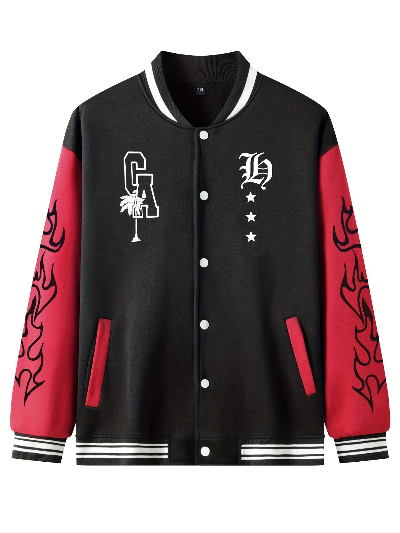 Warm Letter Print Star Pattern Embroidery Varsity Jacket, Men's Casual Color Block Button Up Jacket For Spring Fall School Baseball - The Superior Findings Depot