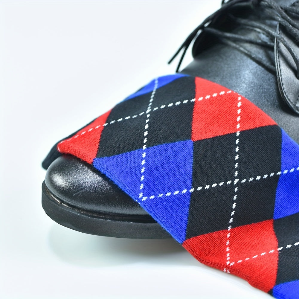 5pairs Men's Cotton Argyle Color Block Soft Crew Socks, Men's Business Socks, Multicolor Set - The Superior Findings Depot