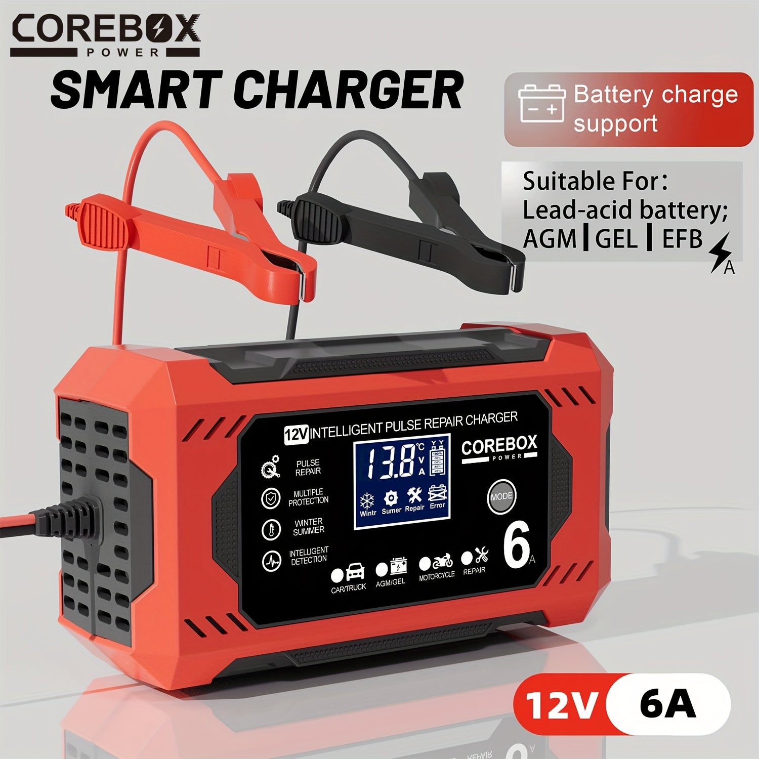 COREBOX 12V 6A Smart Battery Charger with LCD Display, 12V 6A Fast/Trickle Charger, Overcharge/Overheat/Short Circuit/Reverse Polarity, Automatic Switch Mode, Microprocessor Controlled, Compatible with AGM/GEL/SLA/Wet/EFB, 4- - The Superior Findings Depot