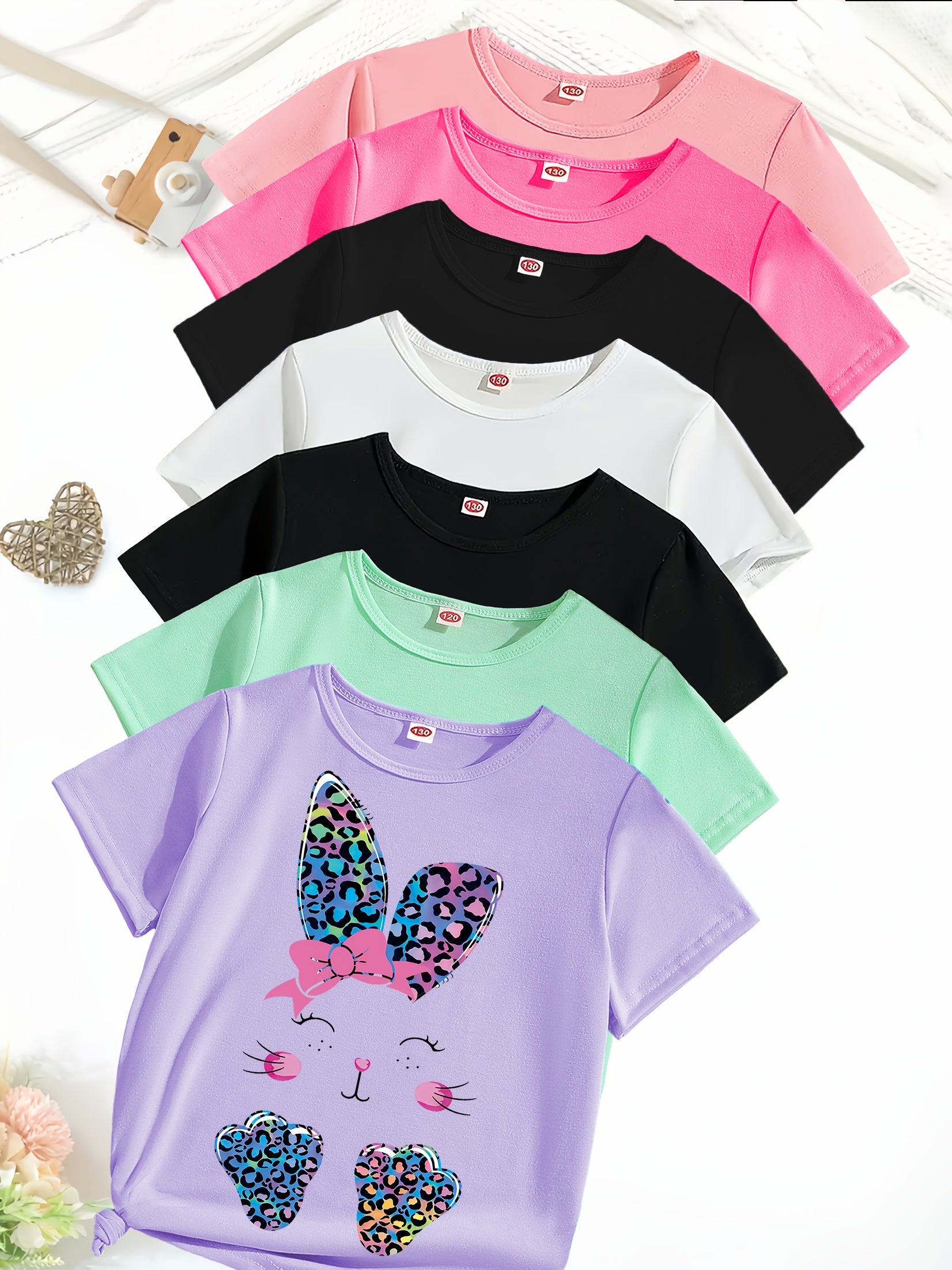 7pcs Girls' Cute Short Sleeve Blouses - 7 Different Styles (Styles May Vary by Color/Pattern) - Soft Round Neck Summer Tops, Machine-Washable Polyester Shirts for Girls to Pre, Spring/Summer Casual Wear - The Superior Findings Depot