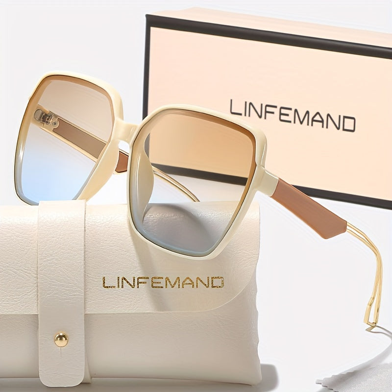LINFEMAND Women'S Fashion Glasses - Large Rectangular Frame with Gradient Tinted Lenses, Golden Accents & Elegant White Case - Stylish Party Wear, Festival Gift, Festival Eyewear, Sophisticated Eyewear, Durable Eyewear - The Superior Findings Depot
