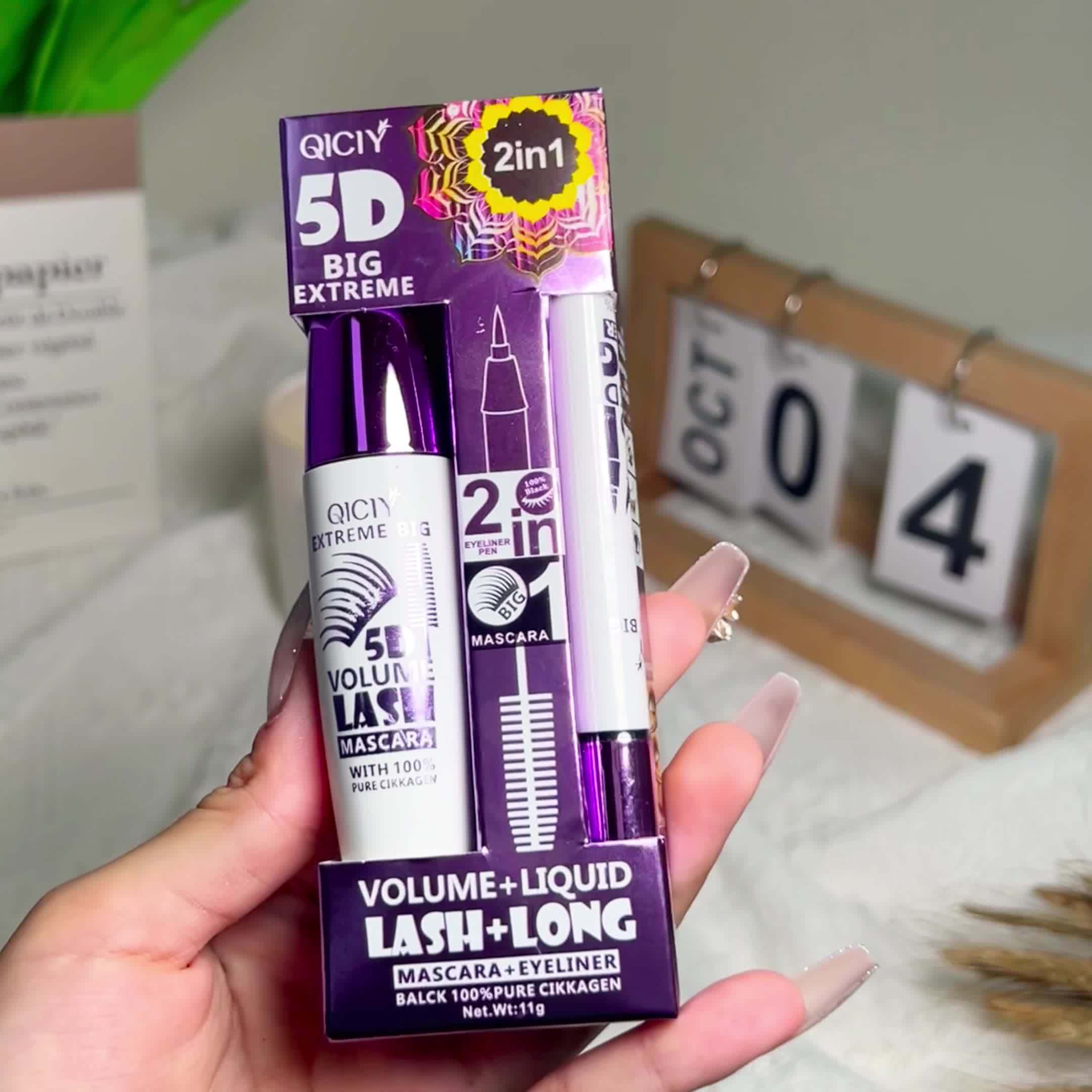 QICI 5D EXTREME 2in1 Mascara + Eyeliner Set - Waterproof, Long-Lasting, Smudge-Proof, Volume & Length Enhancing, Black Liquid Eyeliner with 10ml Brush, 24-Hour Wear, 1pc/2pcs, Beauty Essentials|Bold Eye Makeup|Smudgeproof Lin - The Superior Findings Depot