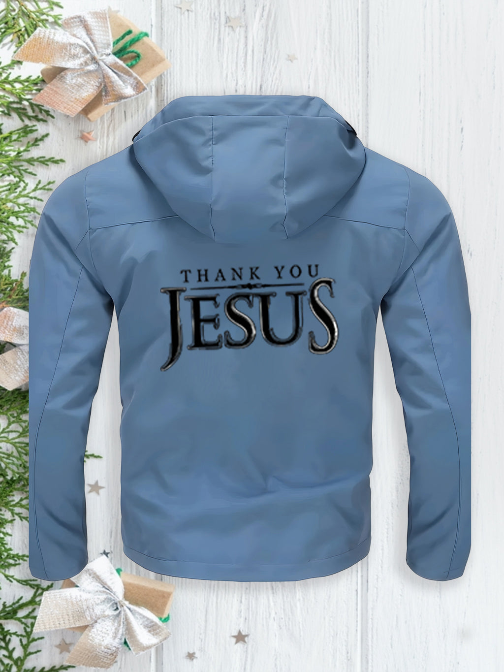 Men's Heavy-Duty Windproof Hooded Jacket with Jesus Logo & Bible Verse Print - Full-Zip Winter Coat, Golden-Tone Religious Design, Machine Washable Warm Outerwear for Church Events, Christmas Gifts (Full Back Print) - The Superior Findings Depot